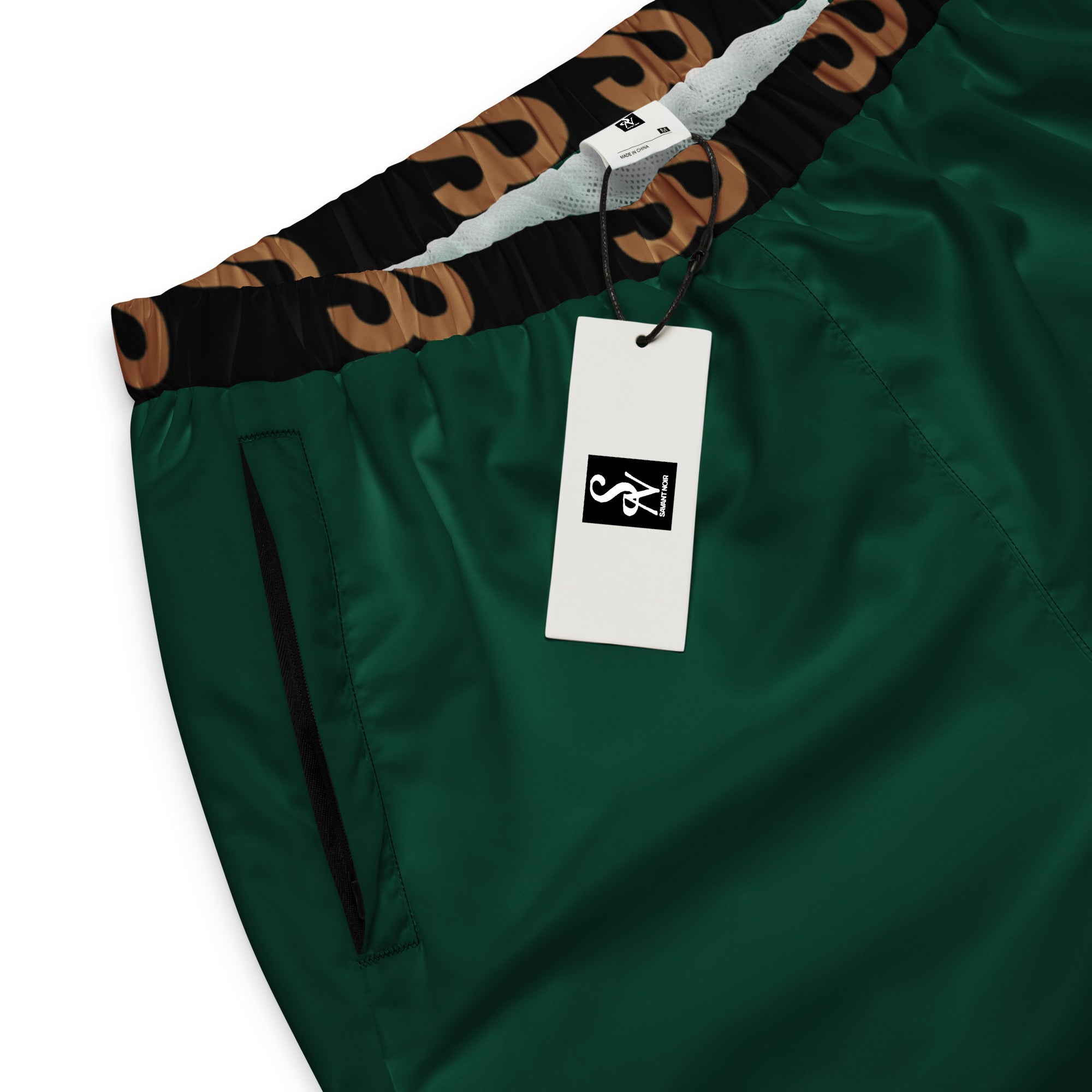 SAVANT NOIR British racing green joggers with black and brown branded elastic waistband and side pocket