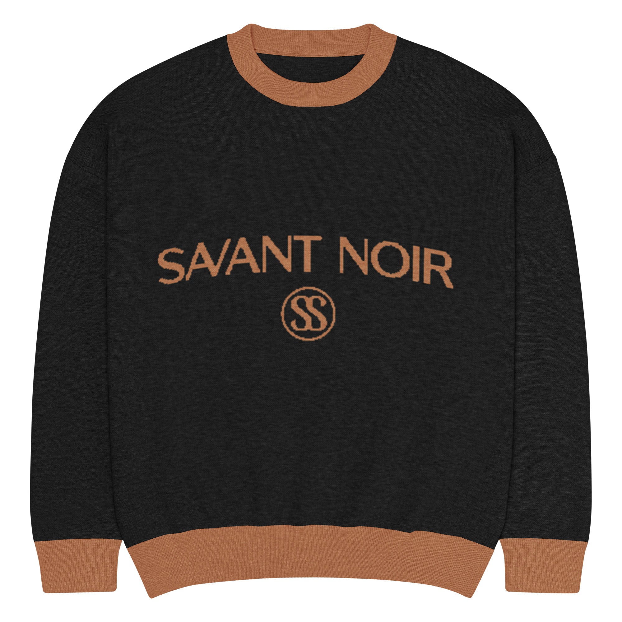SAVANT NOIR designer black knit pullover with brown collar, cuffs, and waistband featuring brand logo