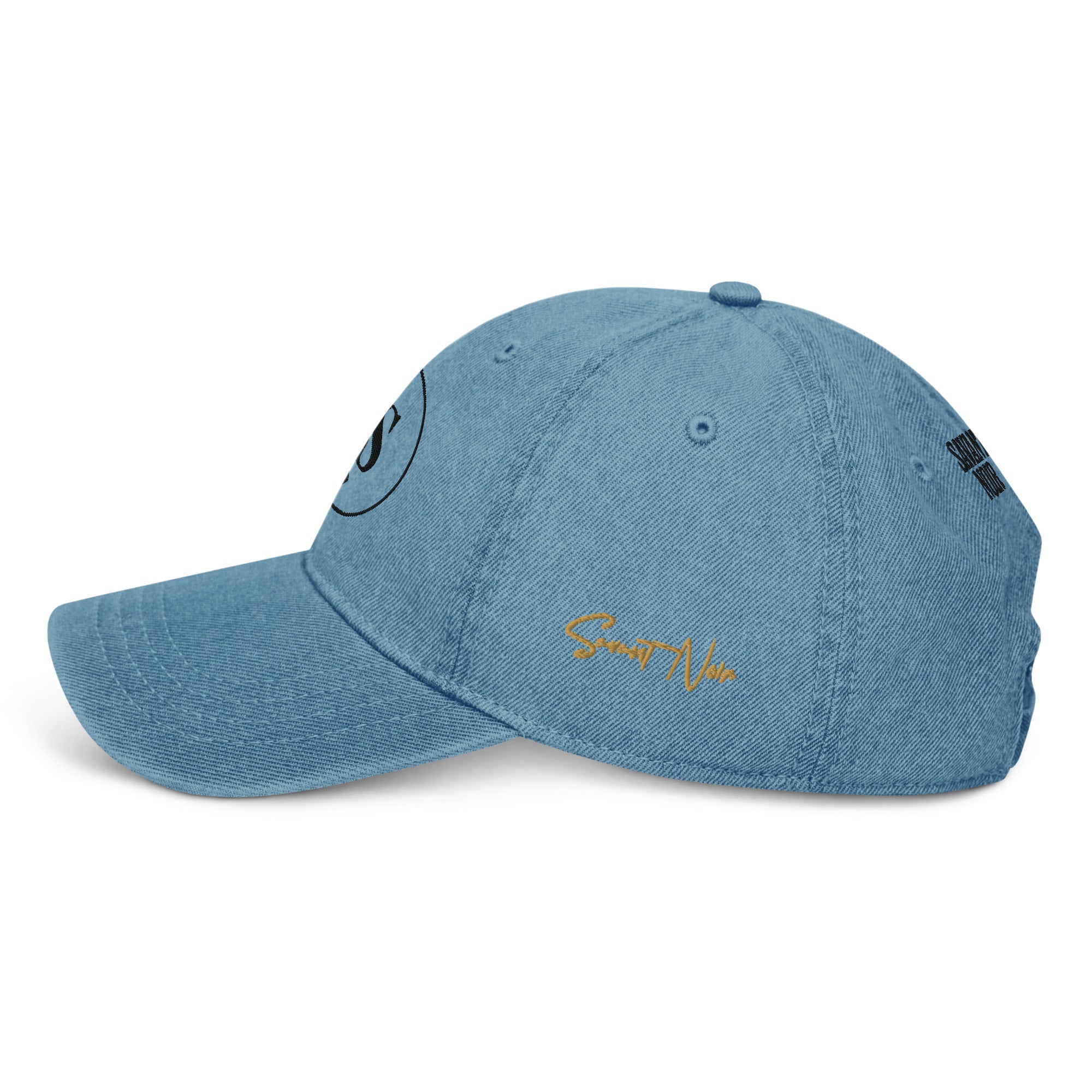 SAVANT NOIR designer blue denim hat with embroidered logo and curved brim for stylish casual wear