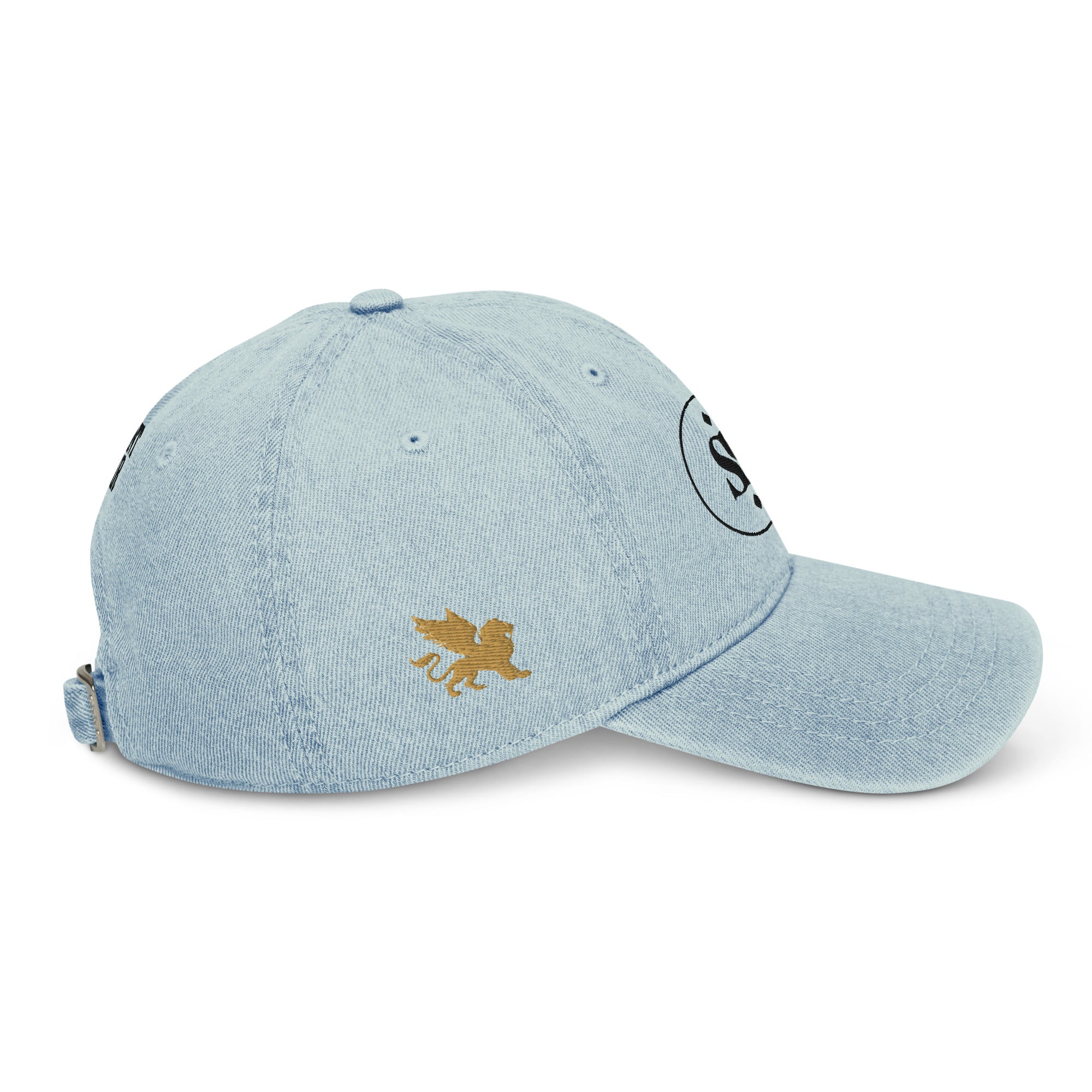 SAVANT NOIR designer blue denim hat with gold emblem and adjustable back strap