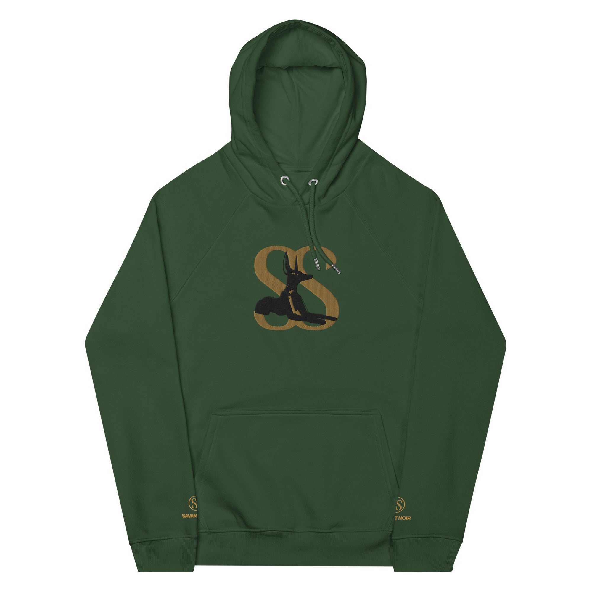SAVANT NOIR designer minimalist hoodie in green with gold and black logo on front and front pocket