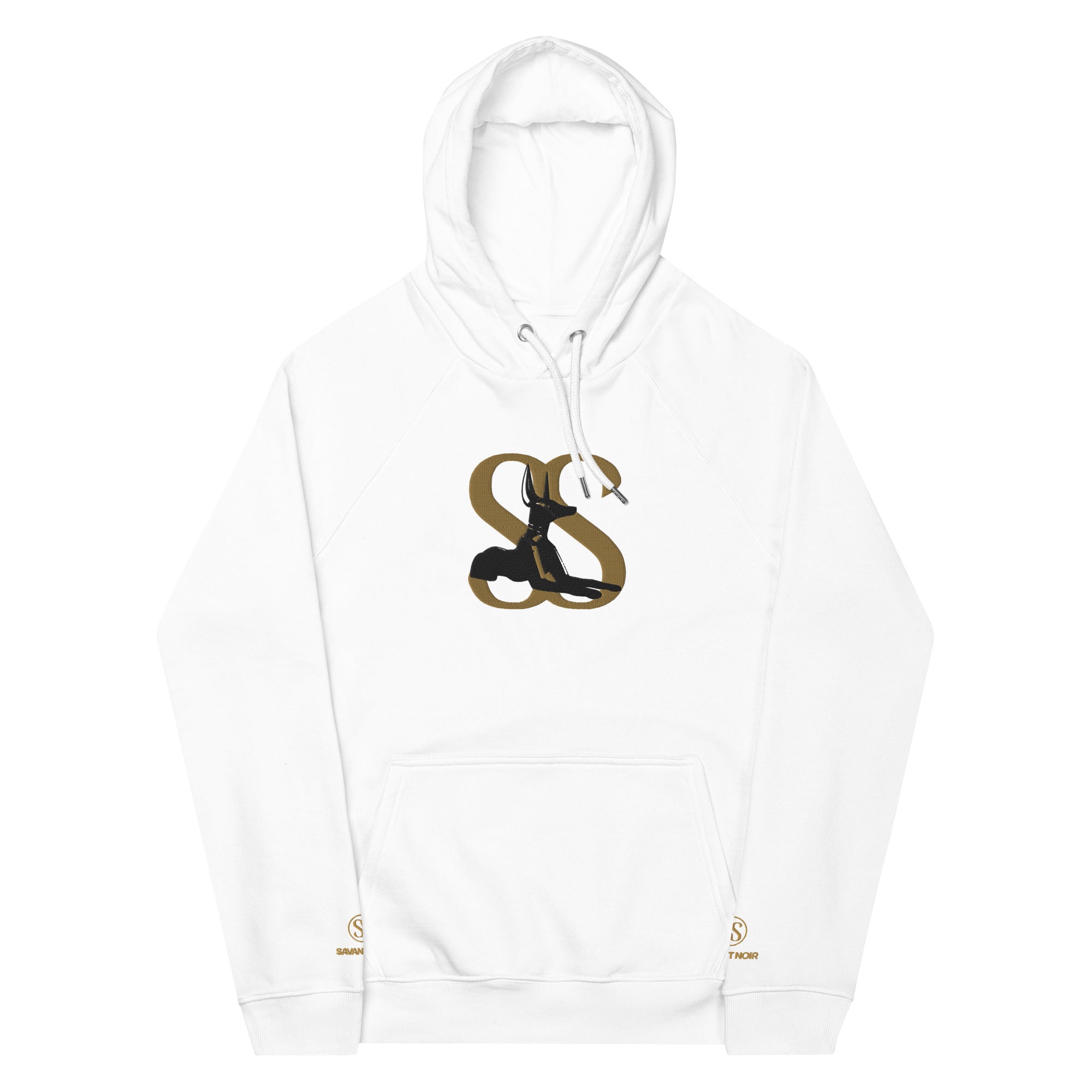 White SAVANT NOIR designer minimalist hoodie with front logo and drawstring hood