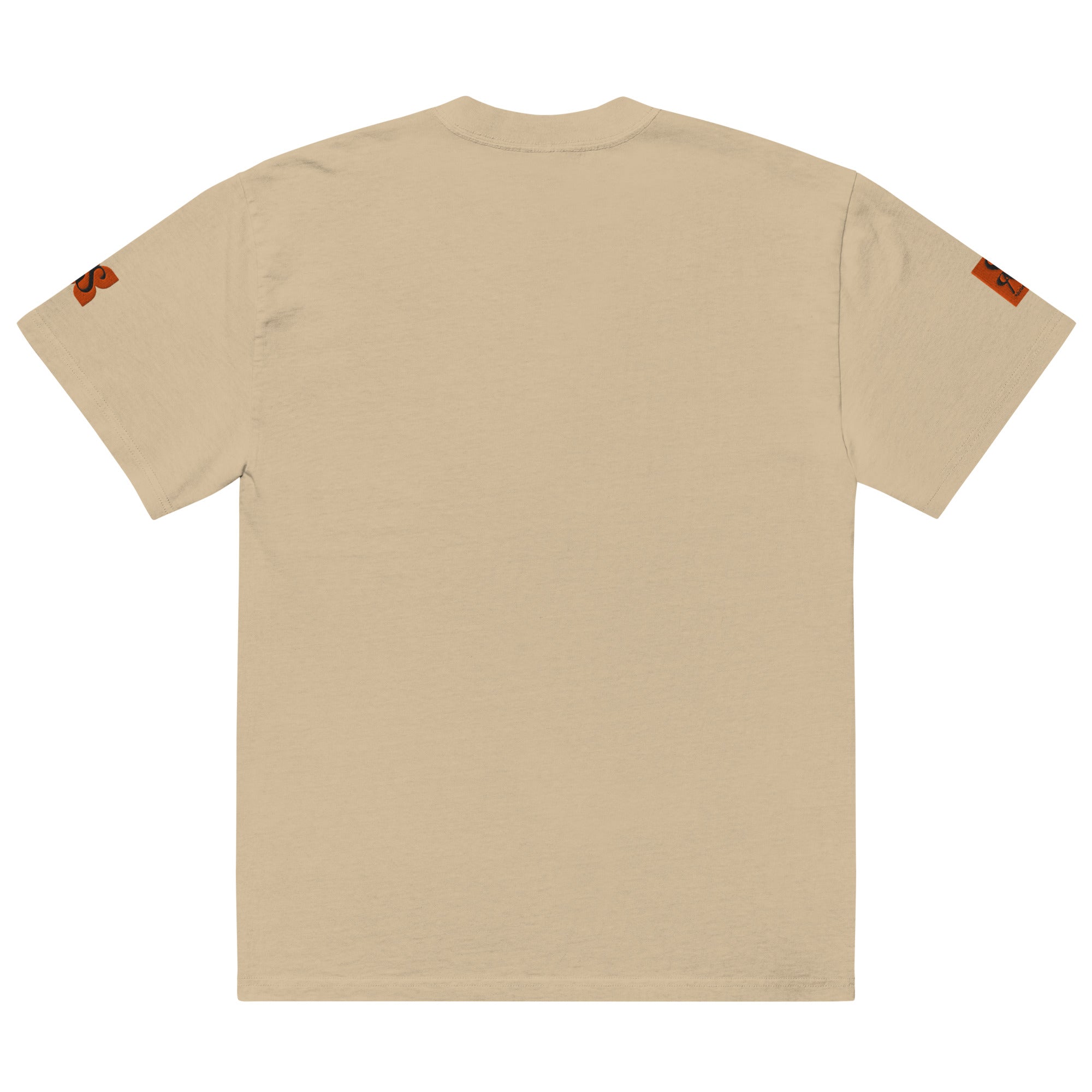 Back view of beige designer tiger print shirt by SAVANT NOIR with branded orange sleeve patches