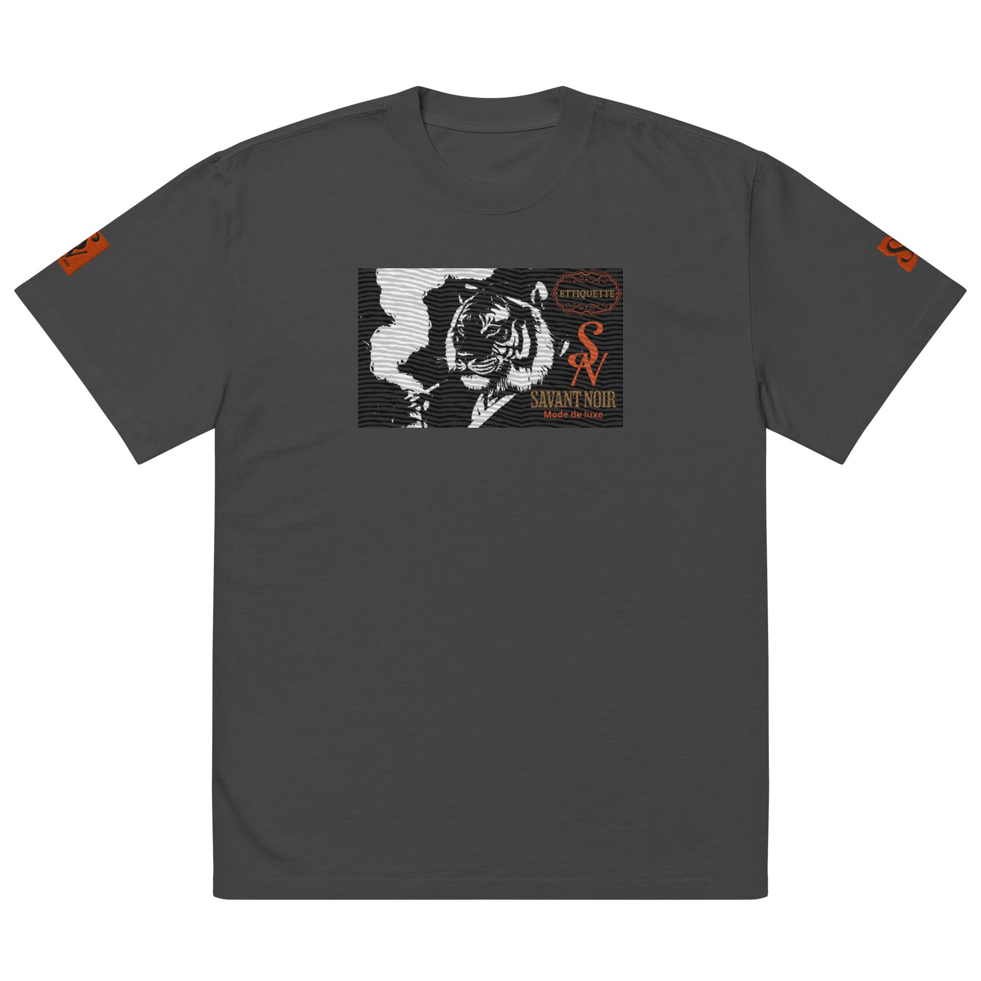 SAVANT NOIR designer tiger print shirt in dark gray with black and white tiger graphic and orange logo accents