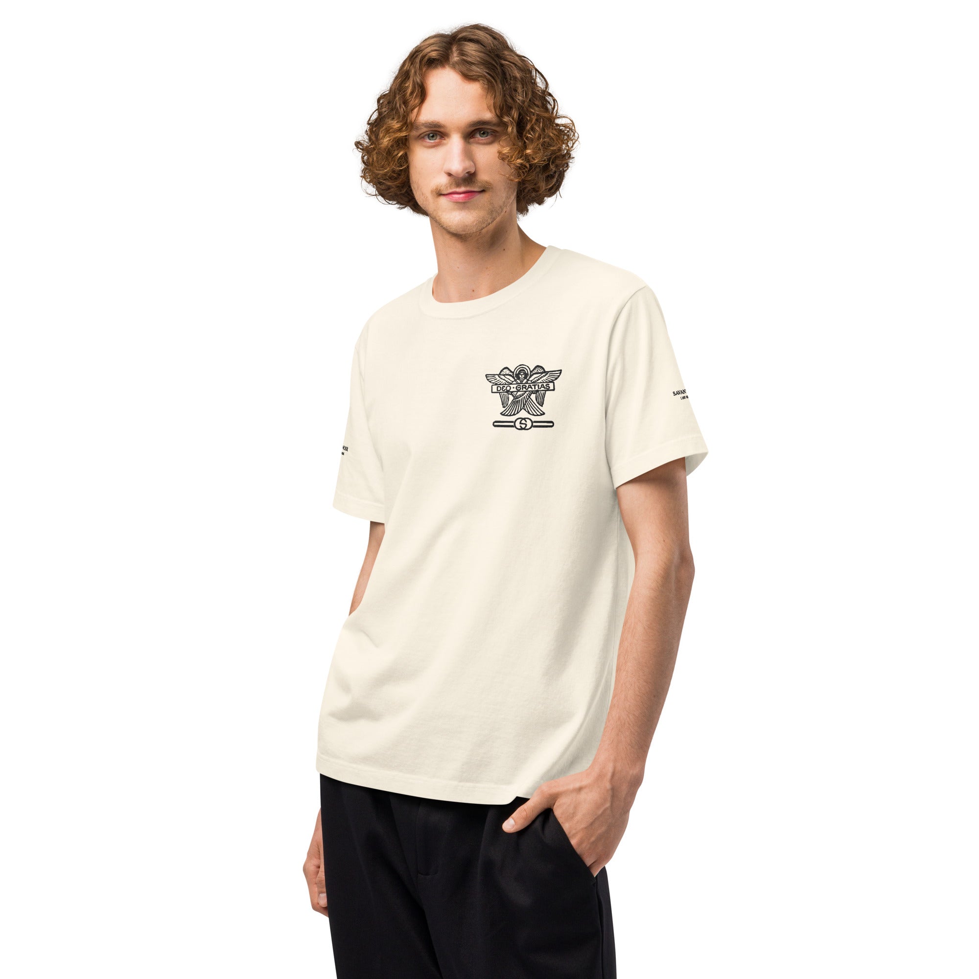 SAVANT NOIR Dieu des Batailles graphic tee in cream worn by male model with black pants