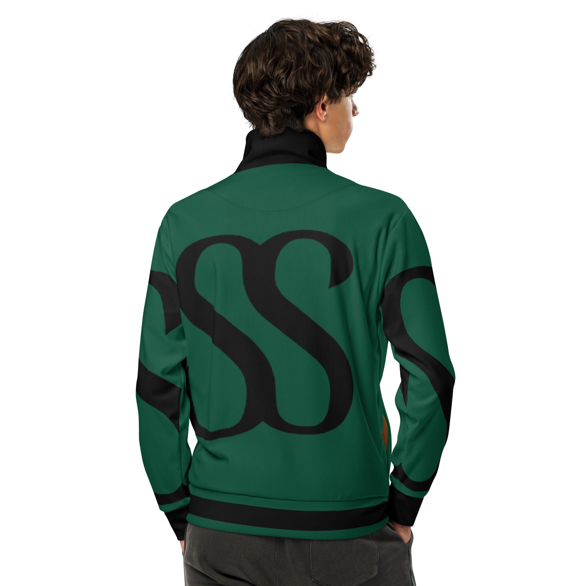 SAVANT NOIR British racing green jacket with black design details worn by male model from back