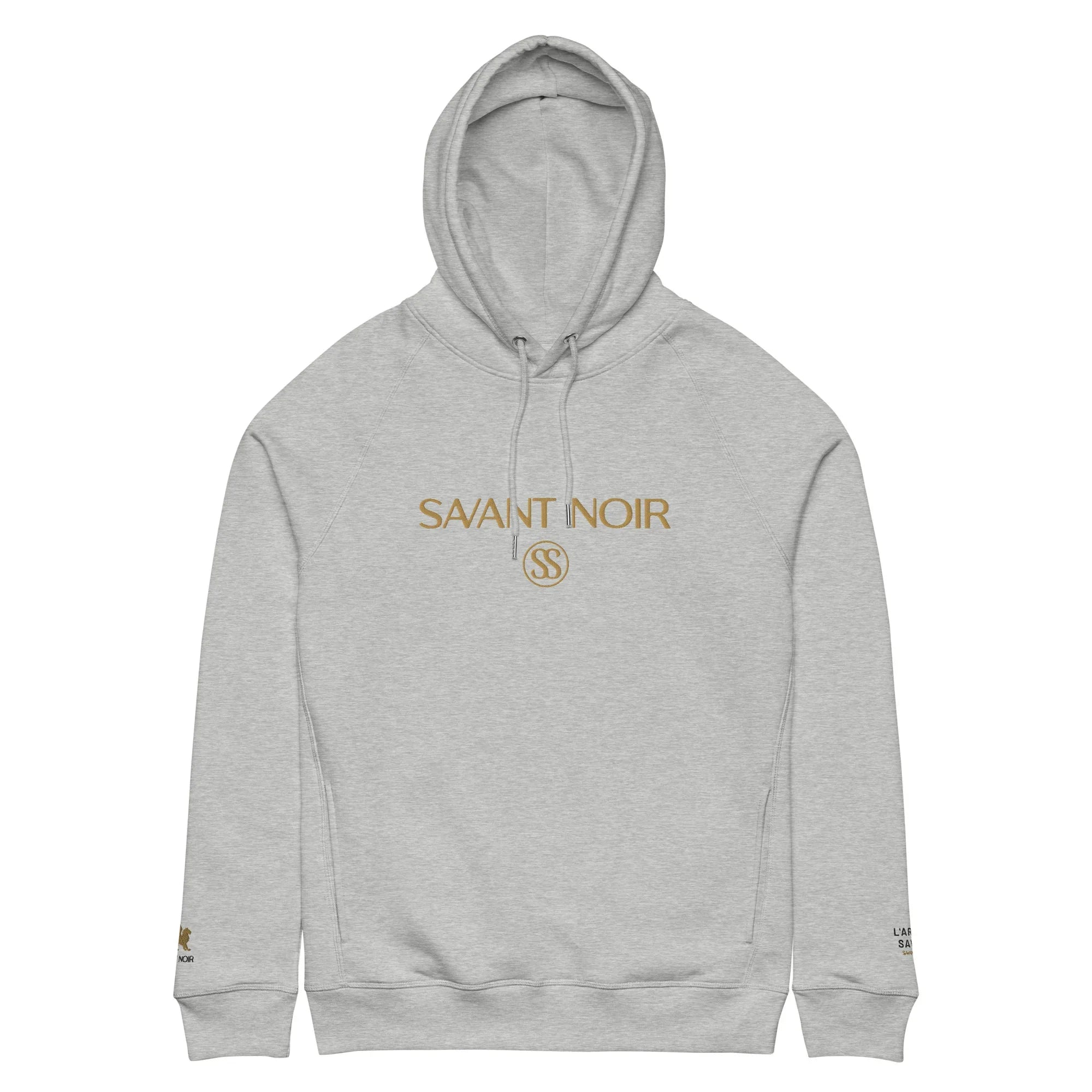 Gray SAVANT NOIR designer gold logo hoodie with front gold brand name and emblem