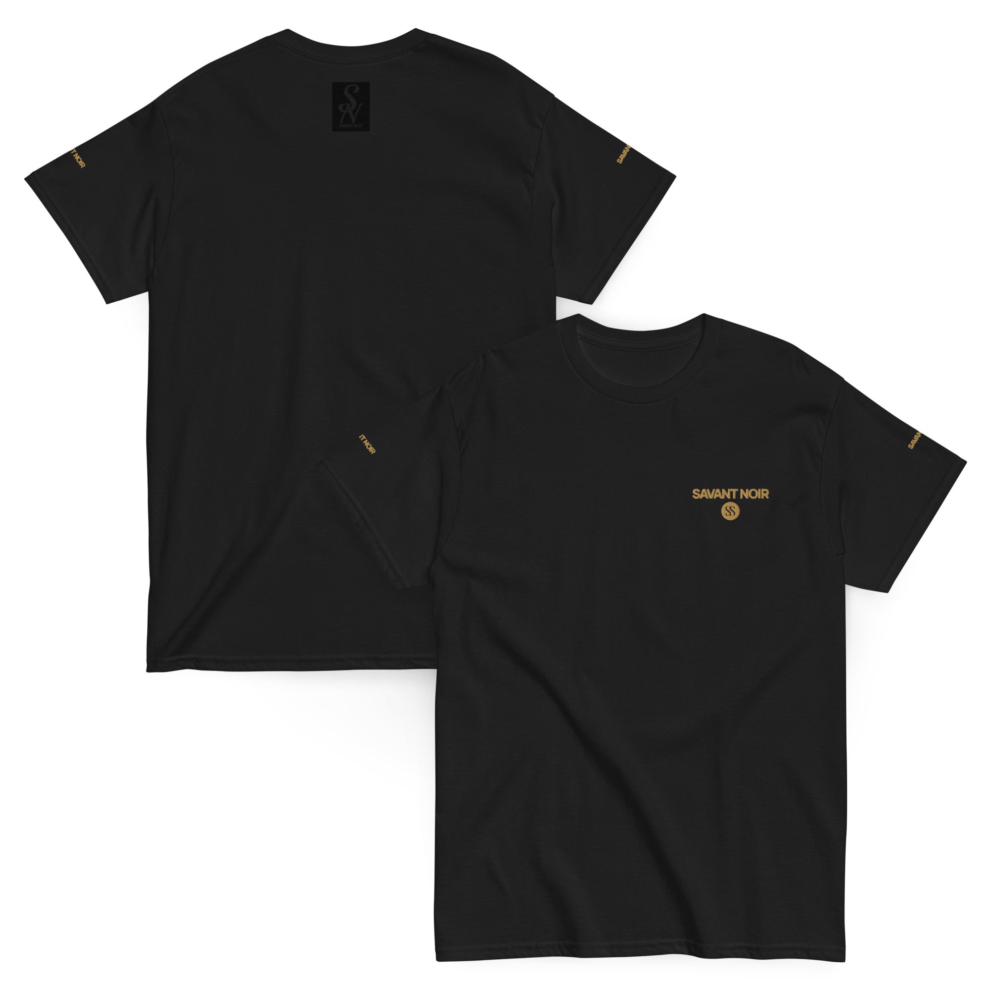 Black SAVANT NOIR luxury streetwear t-shirt with gold logo and text on front and sleeve