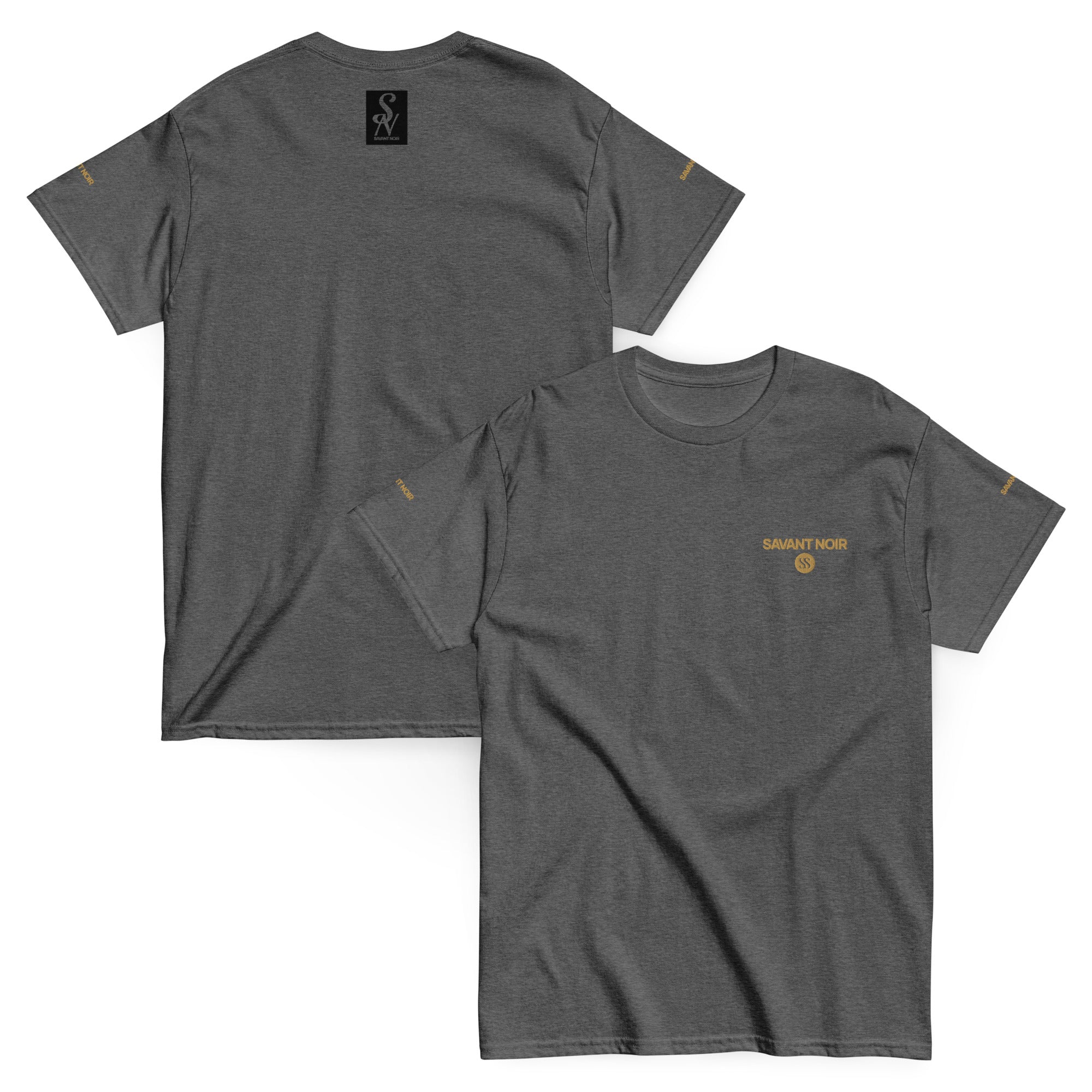 SAVANT NOIR luxury streetwear t-shirt in dark gray with gold logo detailing on front and sleeves