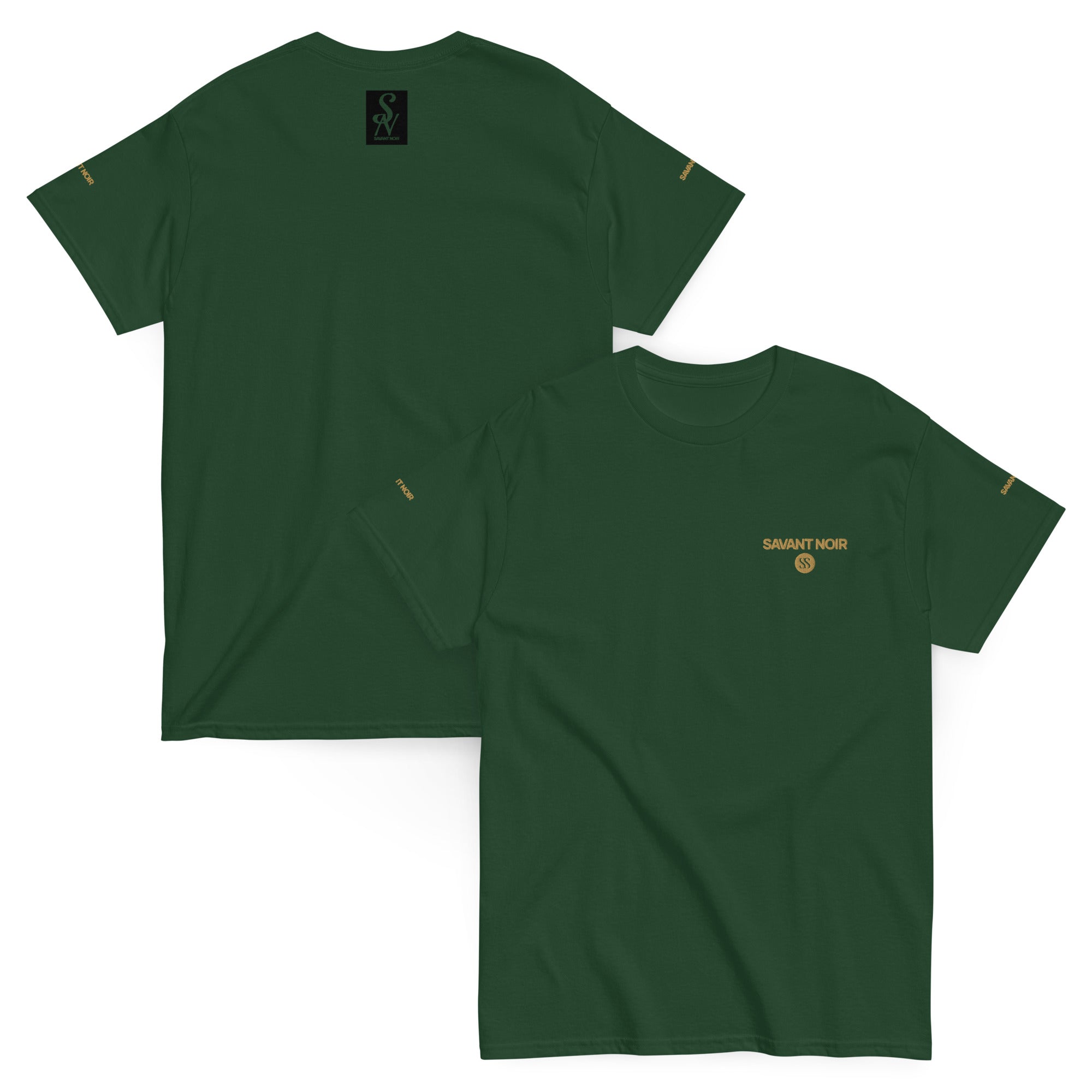 SAVANT NOIR green luxury streetwear t-shirt with gold logo on front and back