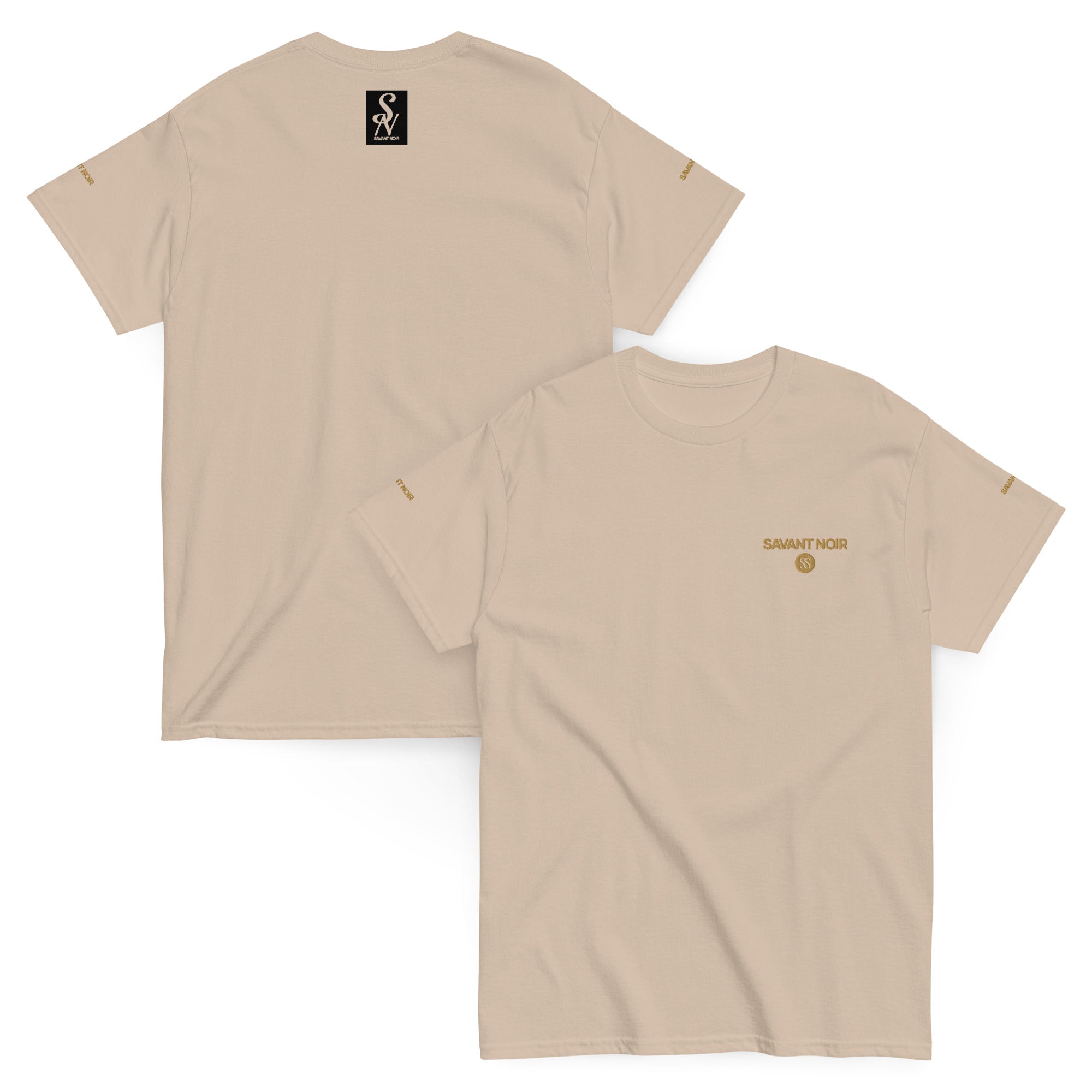 SAVANT NOIR luxury streetwear t-shirt in beige with gold logo print on front and back