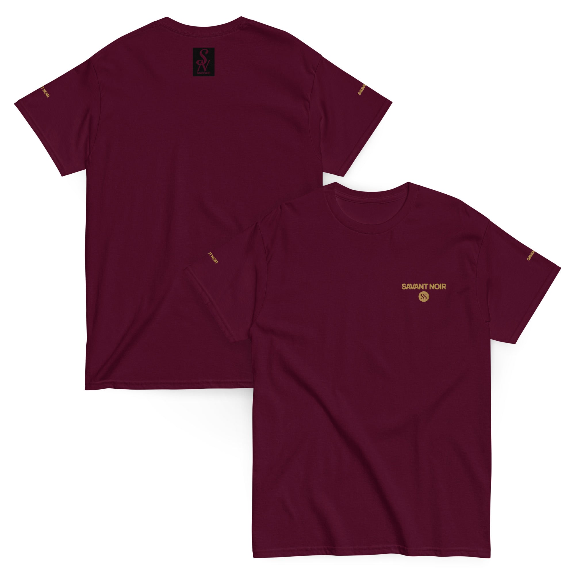 SAVANT NOIR luxury streetwear t-shirt in deep burgundy with gold logo on chest and sleeve