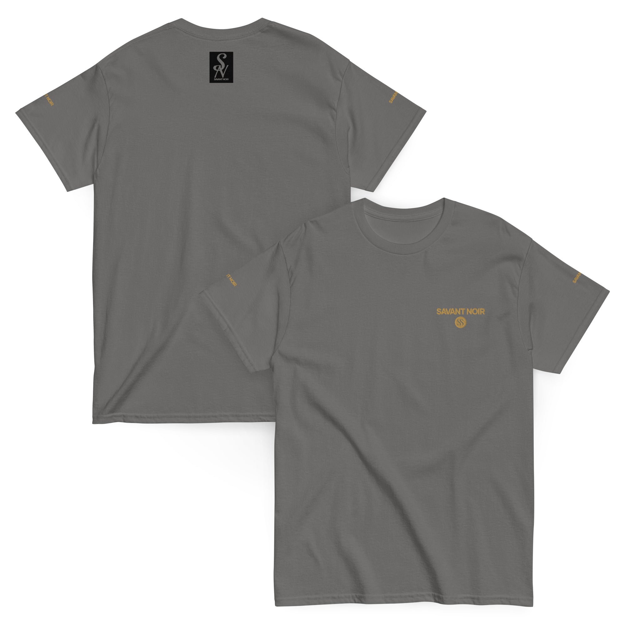 Gray luxury streetwear t-shirt by SAVANT NOIR with subtle yellow logo details on front and sleeves