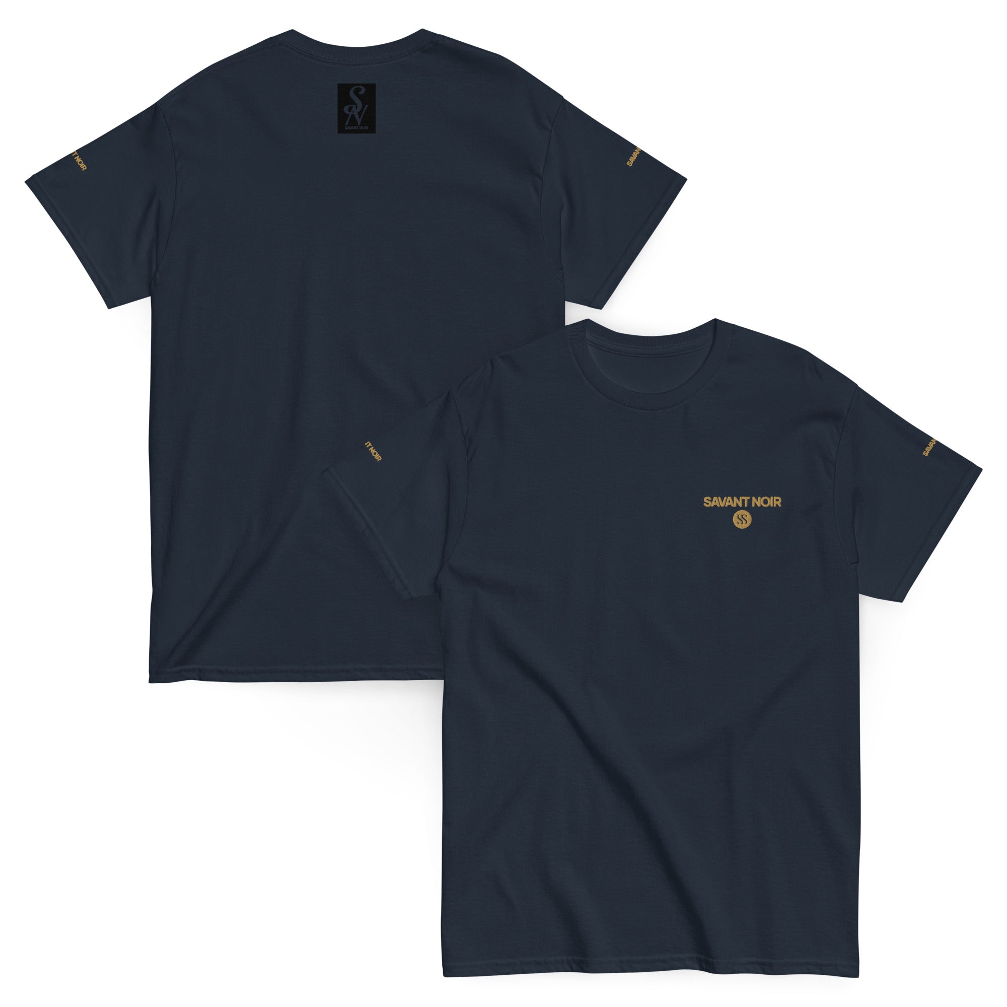 SAVANT NOIR navy luxury streetwear t-shirt with gold logo on front and sleeve details