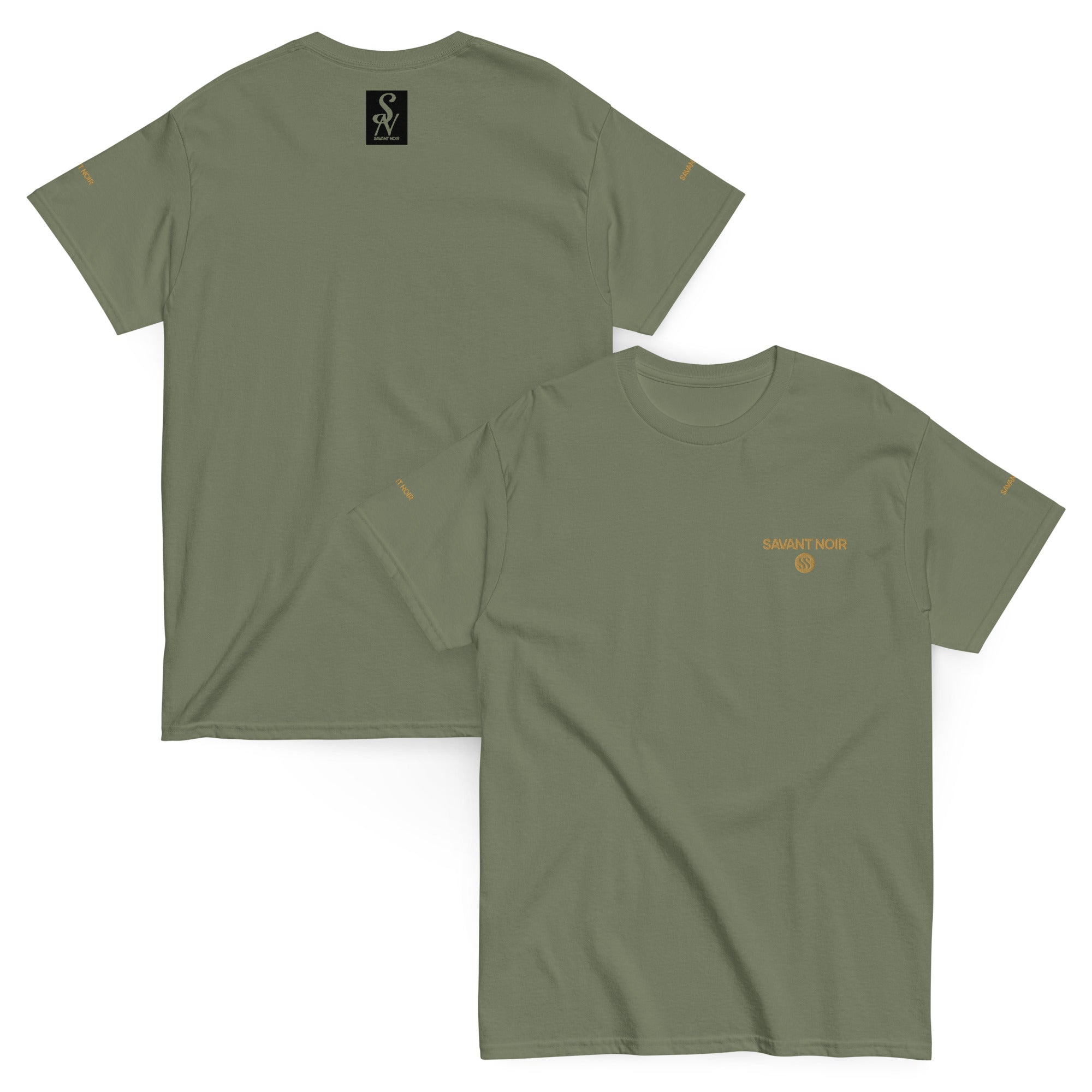 SAVANT NOIR olive green luxury streetwear t-shirt with subtle gold logo prints on front, back, and sleeves