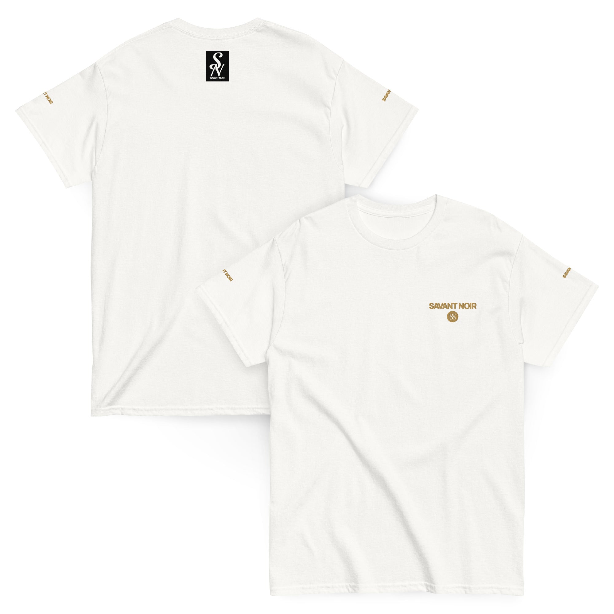 SAVANT NOIR white luxury streetwear t-shirt with gold logo on chest and small black logo on back