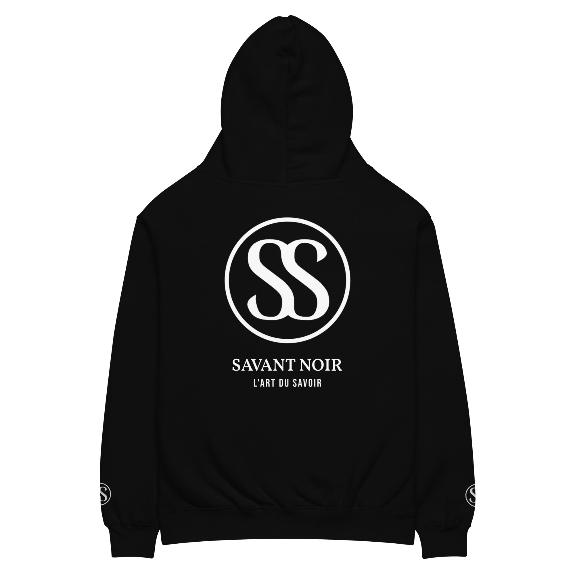 SAVANT NOIR black monogram hoodie with white SS logo and brand name on back and sleeves