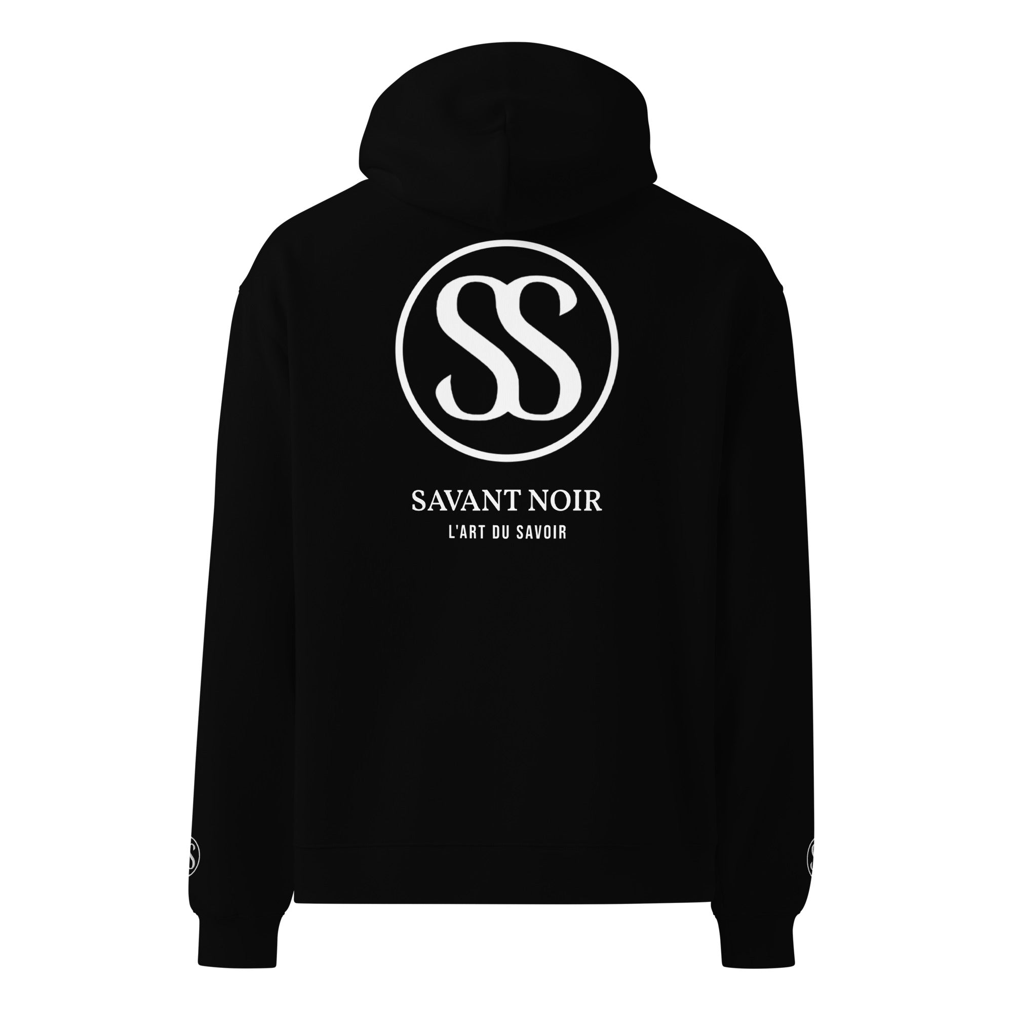 SAVANT NOIR black monogram hoodie with white SS logo and brand name on back