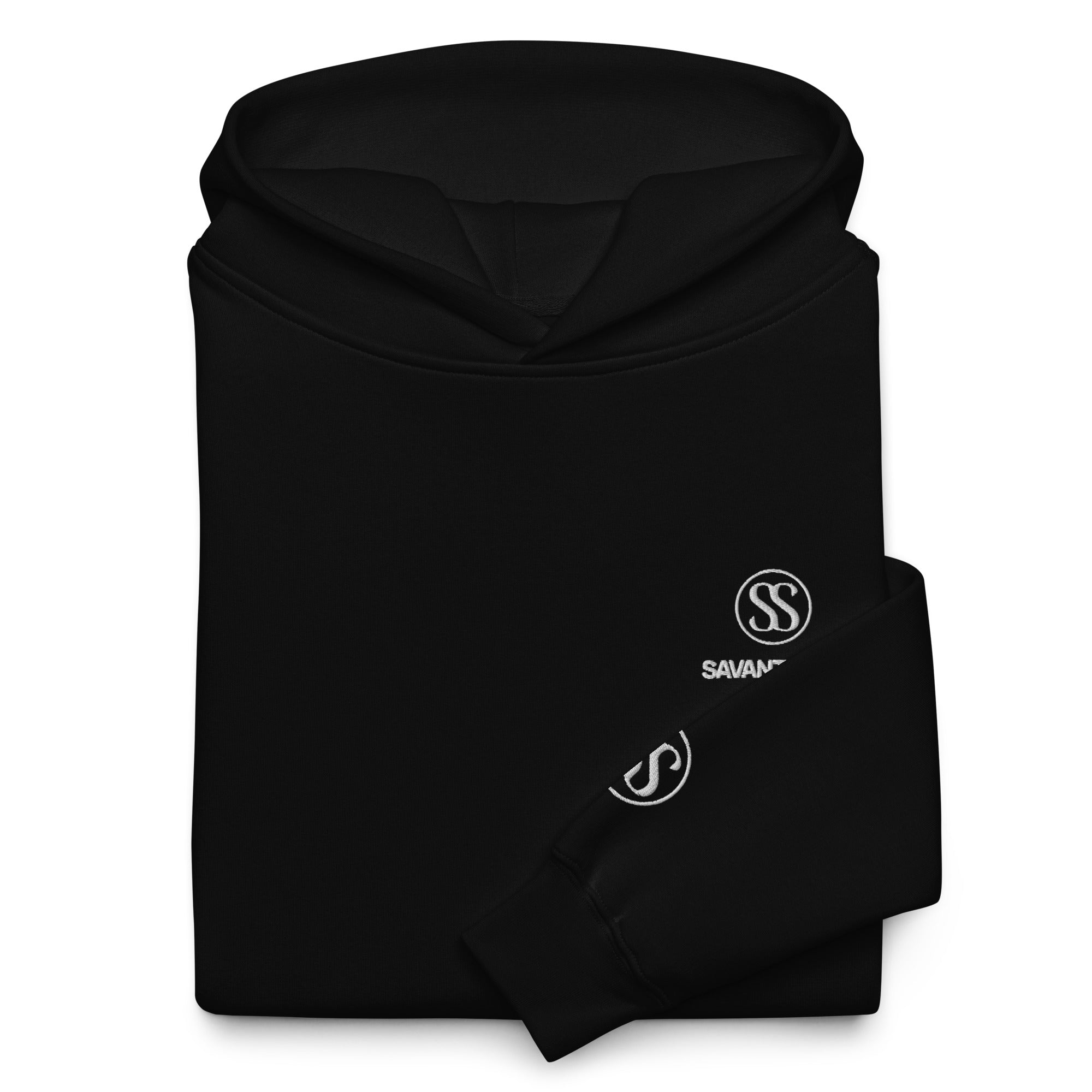 SAVANT NOIR black monogram hoodie folded showing logo on chest and sleeve in minimalist style
