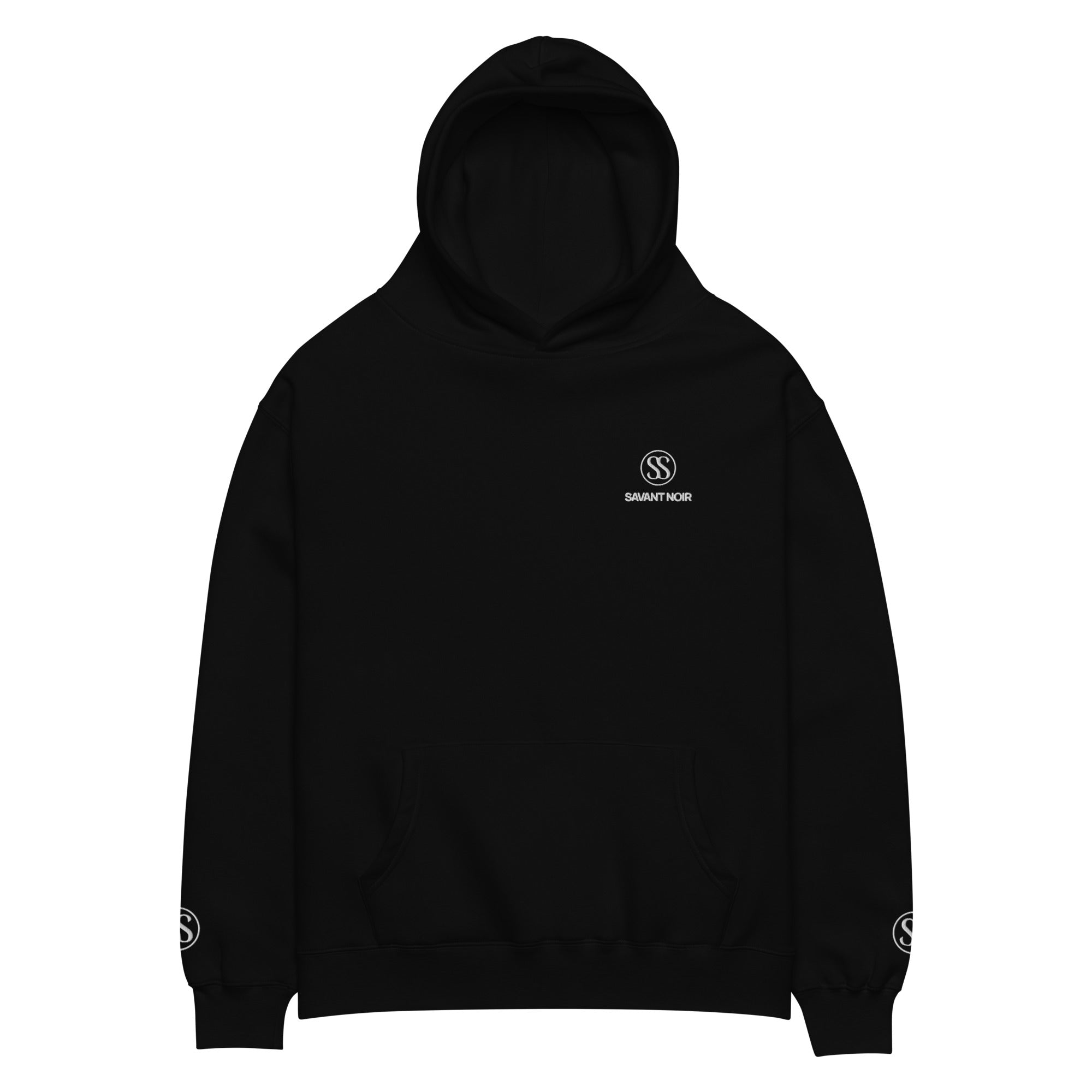 SAVANT NOIR black monogram hoodie with front logo and minimalist design