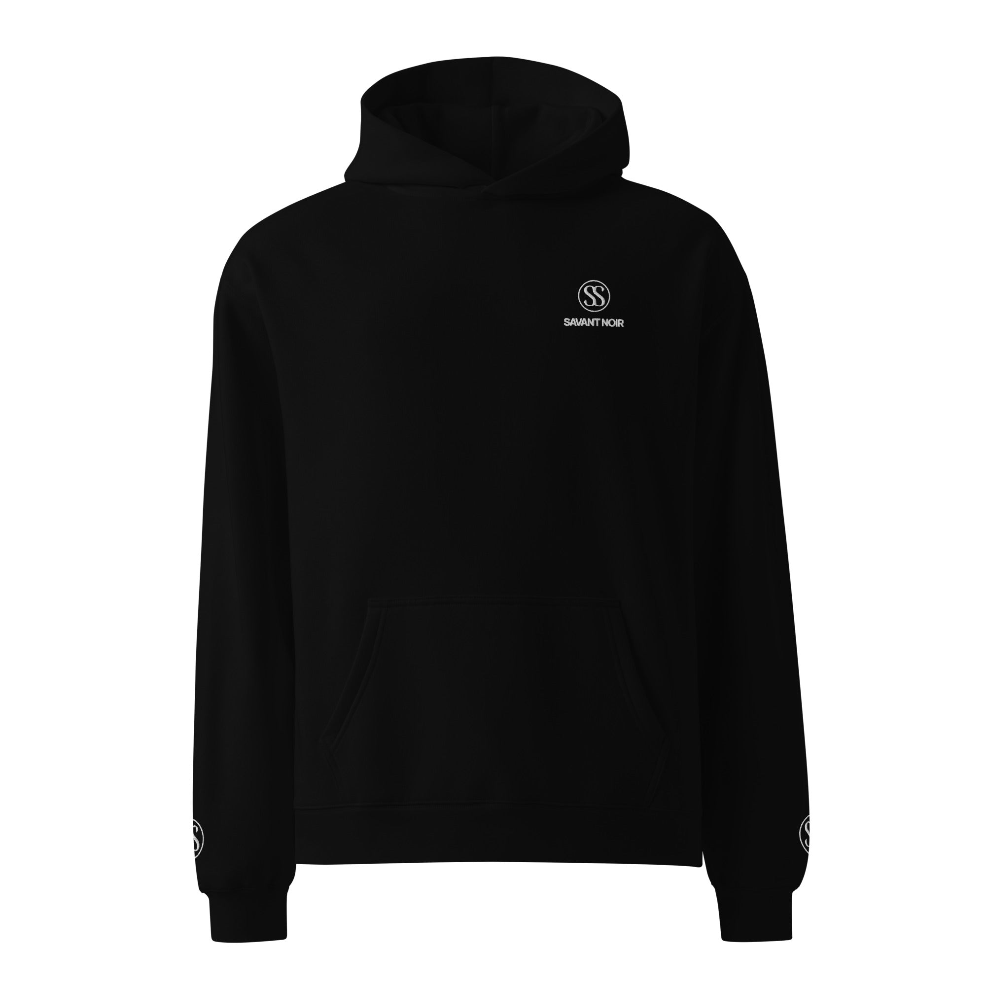 SAVANT NOIR black monogram hoodie with front logo and kangaroo pocket in classic black color