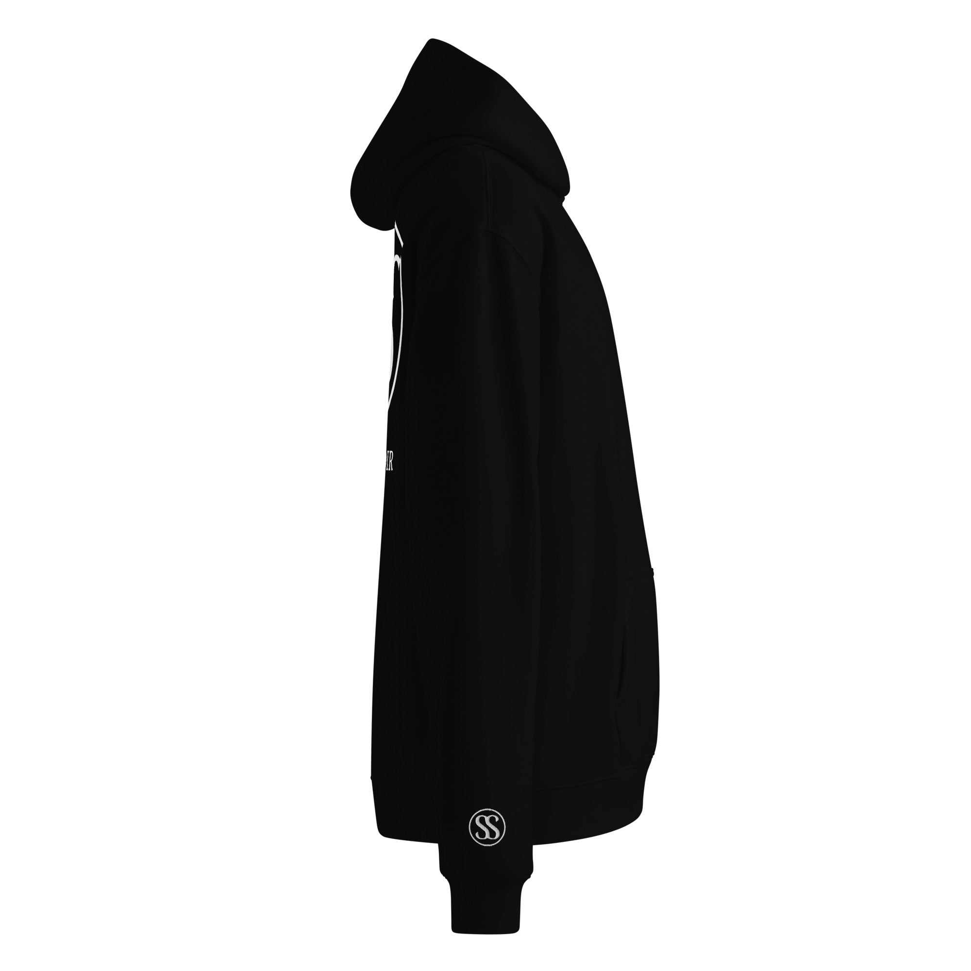 SAVANT NOIR black monogram hoodie side view with hood and sleeve logo detail