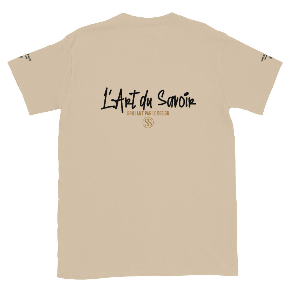 Beige luxury t-shirt by SAVANT NOIR featuring L'Art du Savoir graphic design on the back