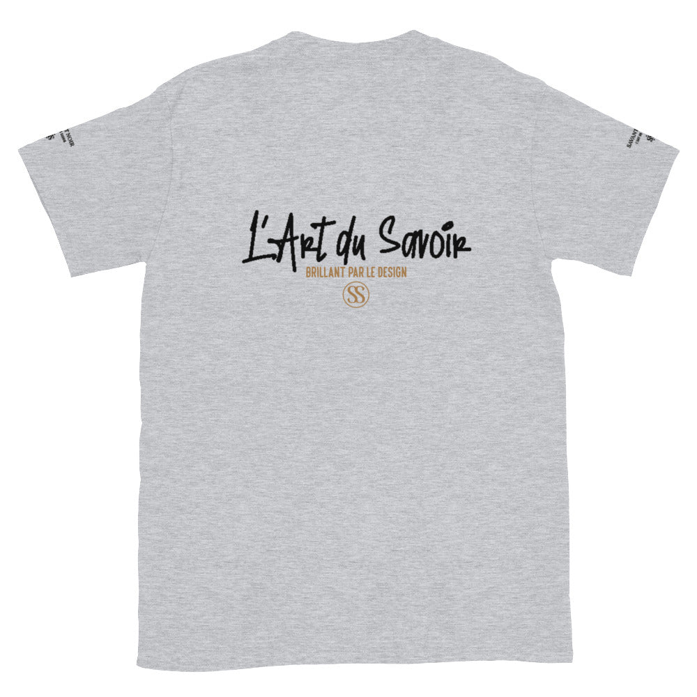 Gray SAVANT NOIR t-shirt with black and gold L'Art du Savoir graphic on back beige luxury t-shirt