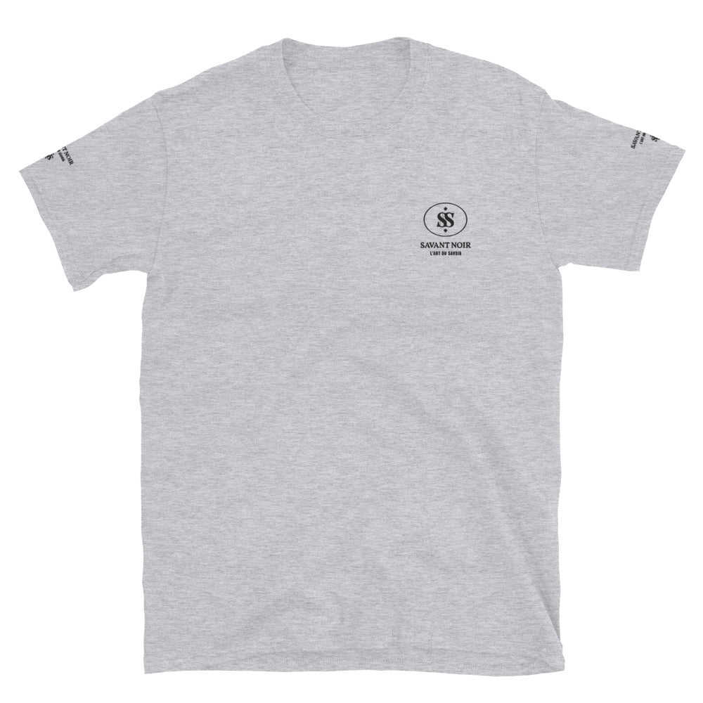SAVANT NOIR beige luxury t-shirt with small black logo on chest and text on sleeves