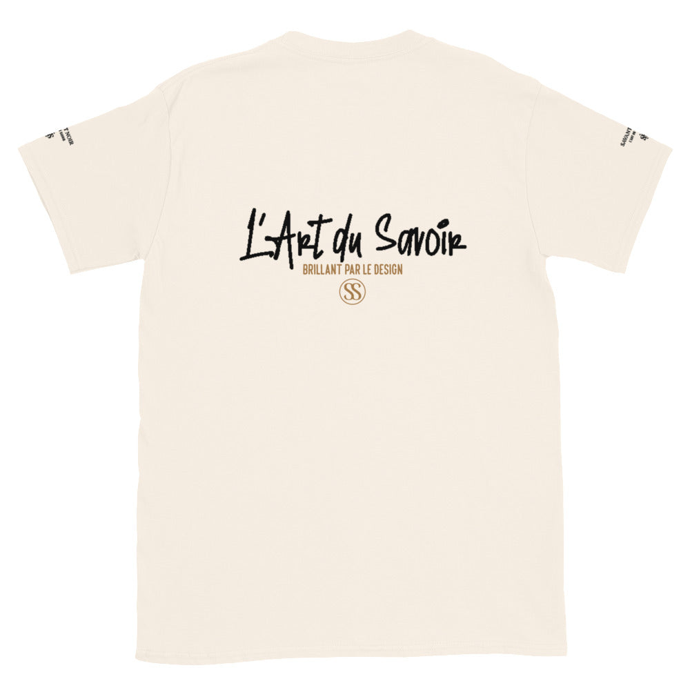 Beige luxury t-shirt by SAVANT NOIR with L'Art du Savoir graphic text on back