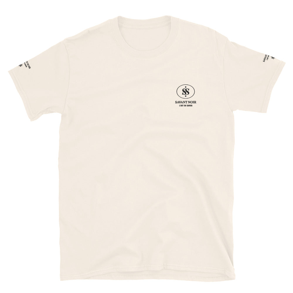 Beige luxury t-shirt by SAVANT NOIR with minimalist logo printed on front and sleeves