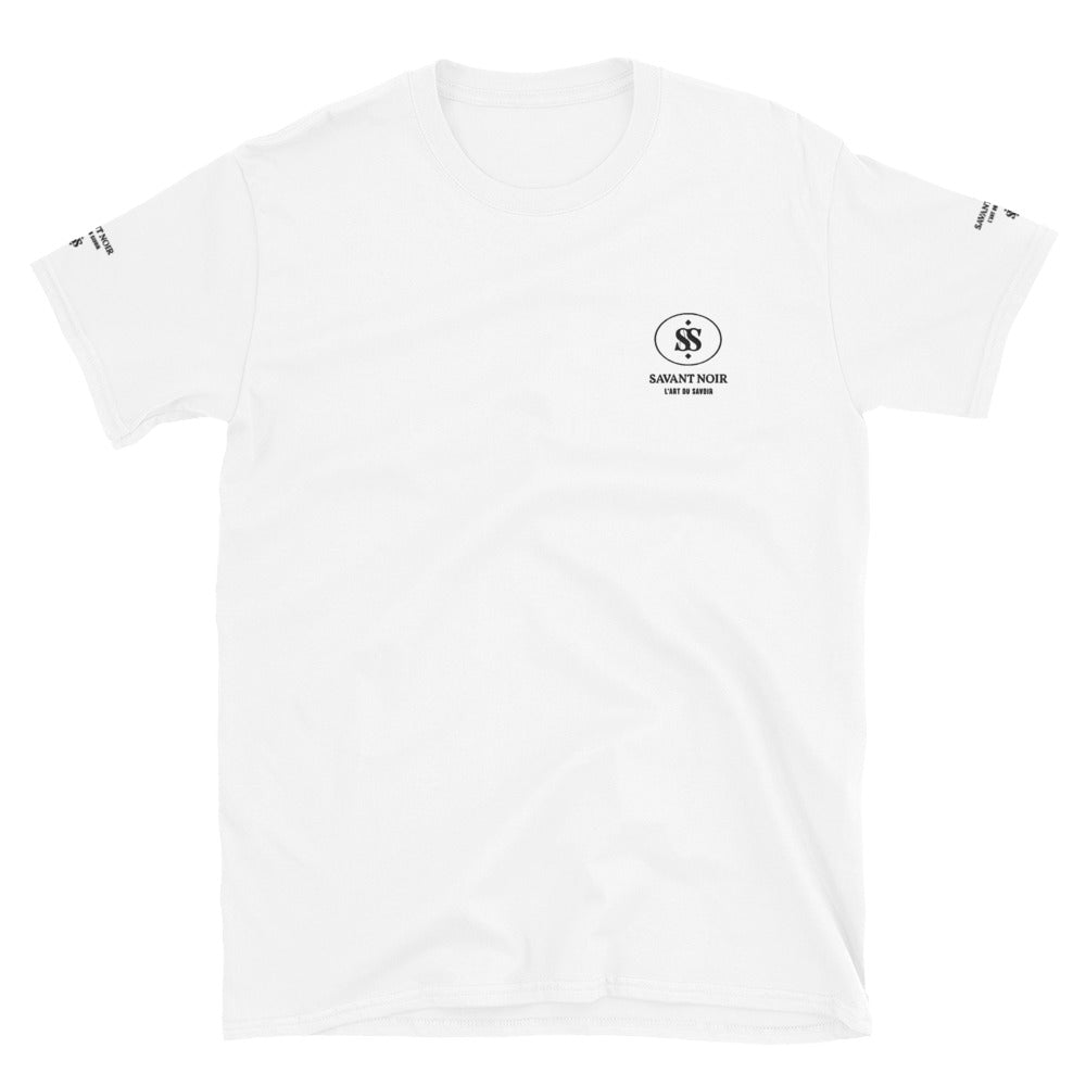 SAVANT NOIR white t-shirt with small logo print on chest and sleeves beige luxury t-shirt
