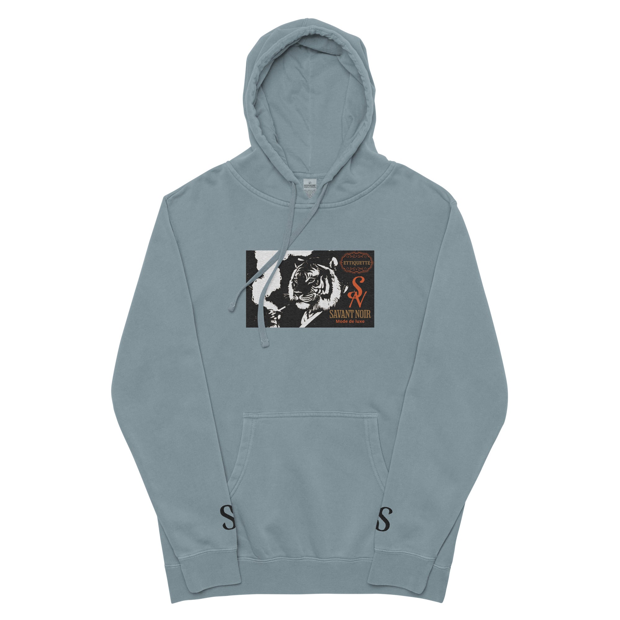 SAVANT NOIR embroidered luxury hoodie in blue with tiger graphic and front pocket