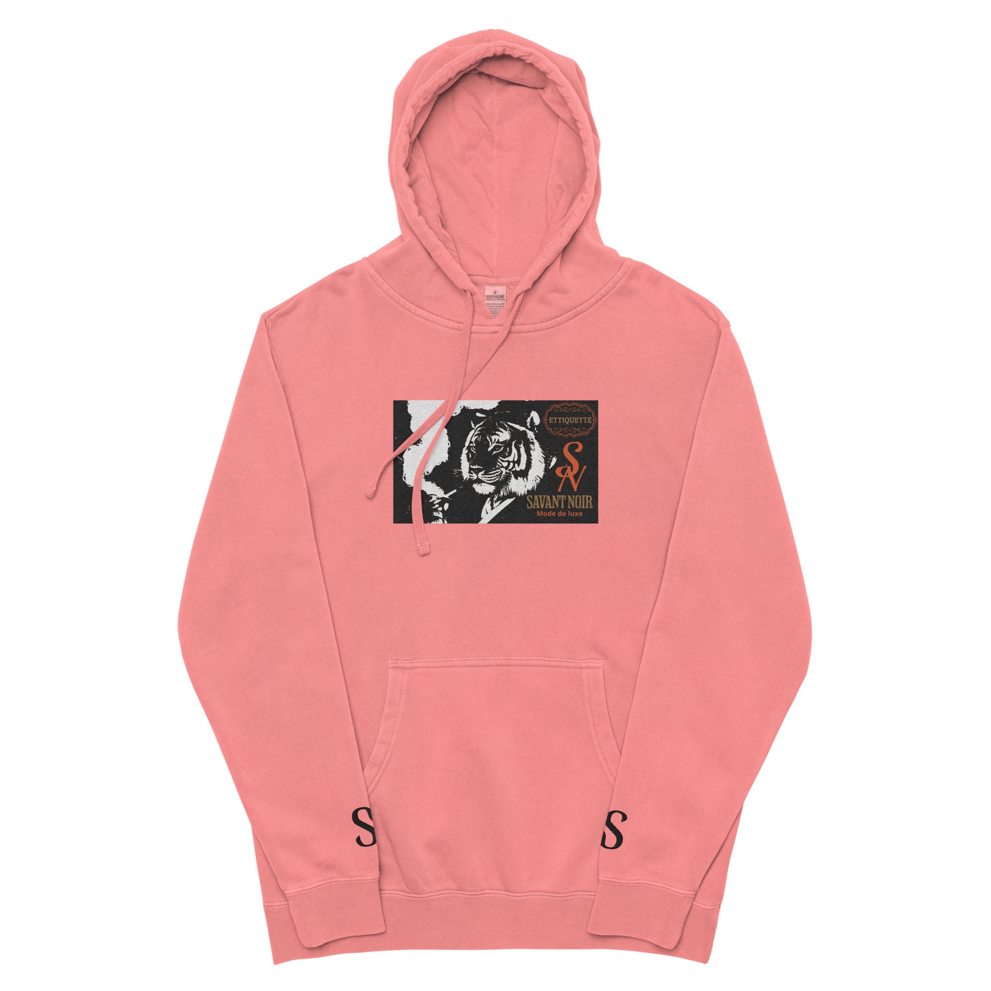 Pink embroidered luxury hoodie by SAVANT NOIR featuring a tiger graphic and front kangaroo pocket
