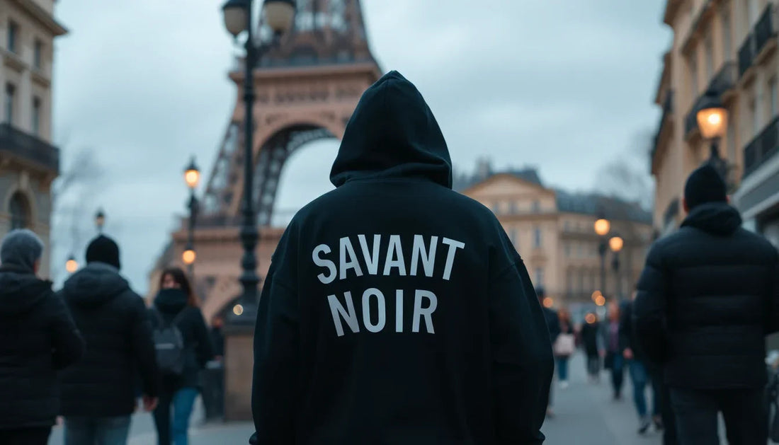 Person wearing Savant Noir black hoodie showcasing craftsmanship in designer hoodies near the Eiffel Tower