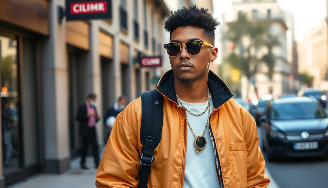Young man wearing sunglasses and orange jacket walking in city showcasing luxury streetwear styling tips