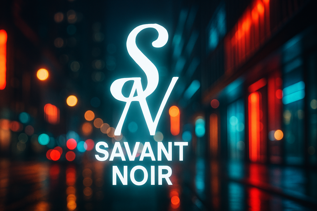 SAVANT NOIR logo glowing on a city street at night representing why invest in premium streetwear