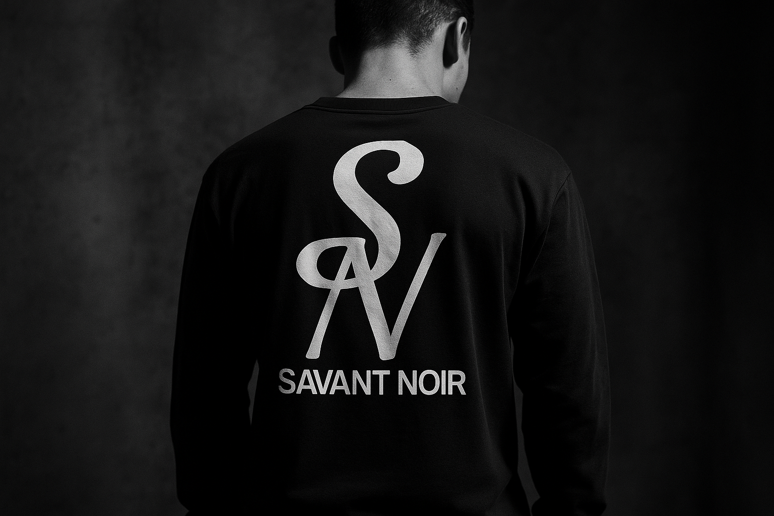 Woman wearing a luxury long sleeve streetwear white sweatshirt with Savant Noir logo