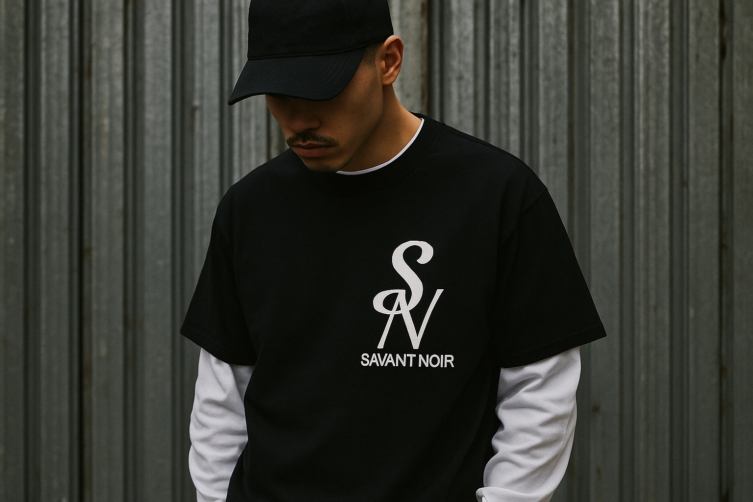 Woman wearing luxury streetwear t shirts with French text on the back standing on a city street