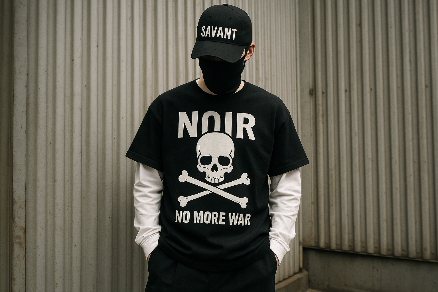 Man wearing luxury streetwear hats with SS logo and Savant Noir t-shirt on urban street at night