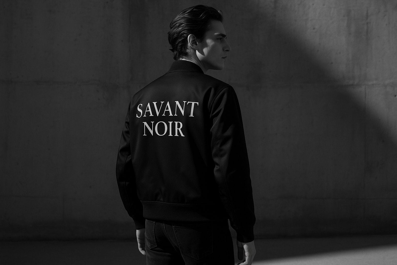 Man wearing yellow luxury streetwear jackets with black collar and bold black SS logo on the back