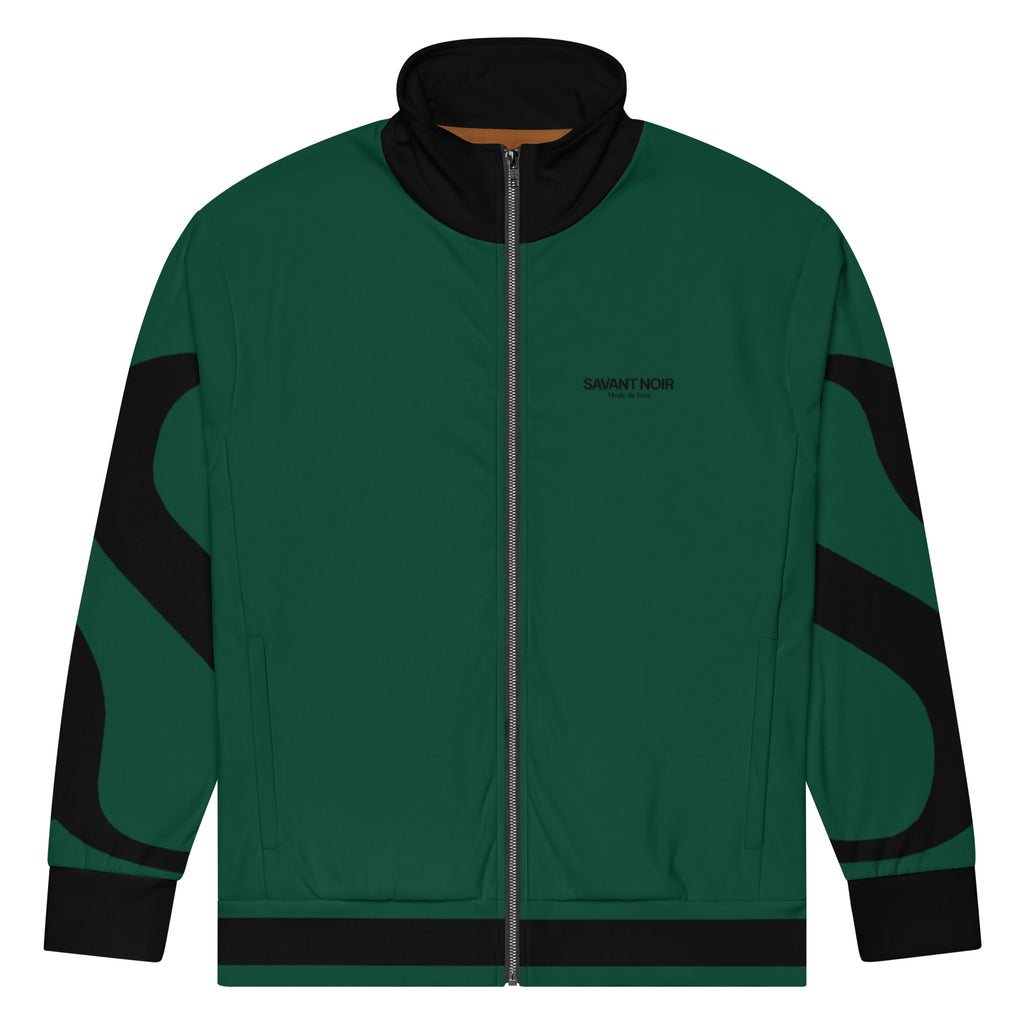 SAVANT NOIR British racing green jacket with black graphic accents and front zipper closure