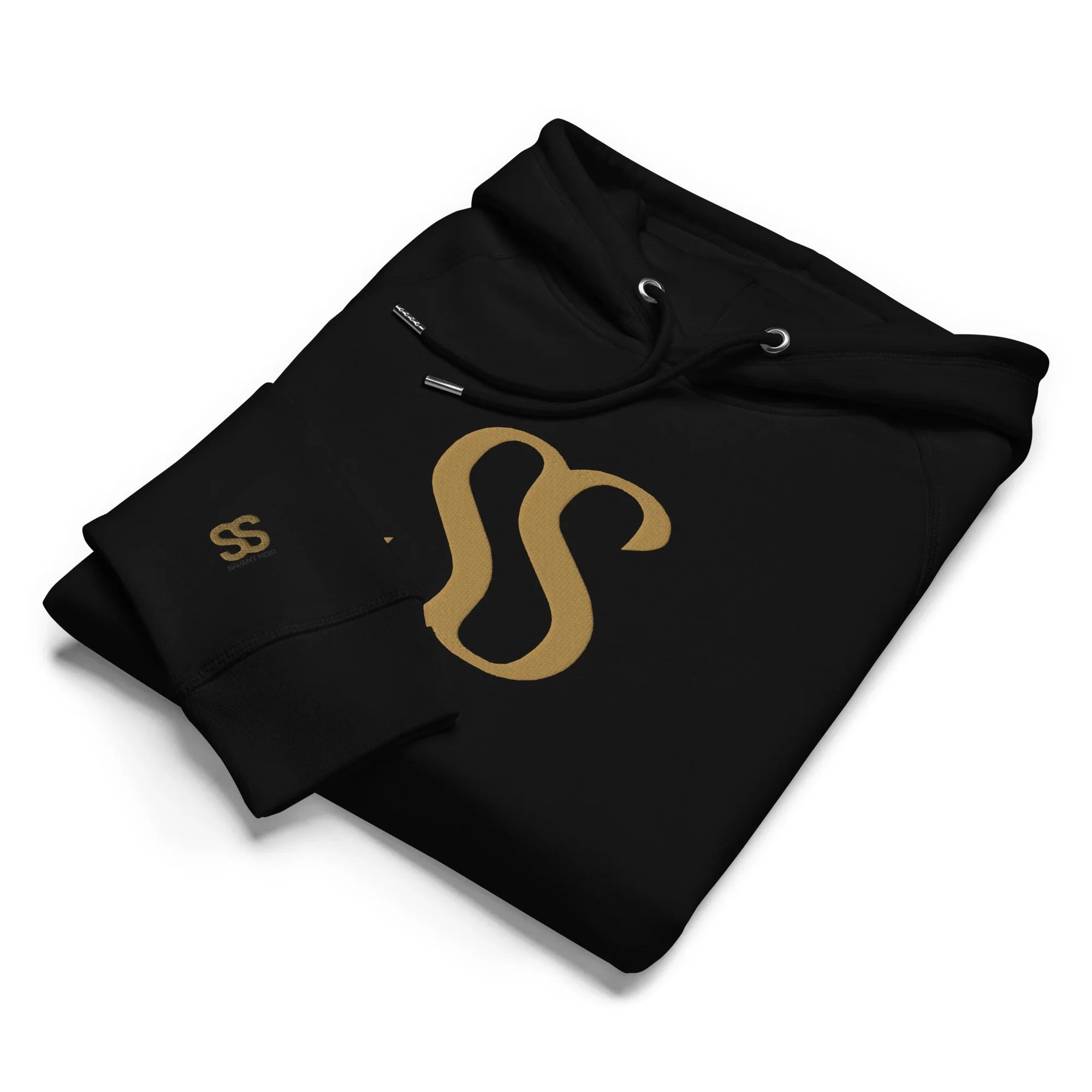 Folded luxury black hoodie from SAVANT NOIR with gold logo and adjustable drawstrings
