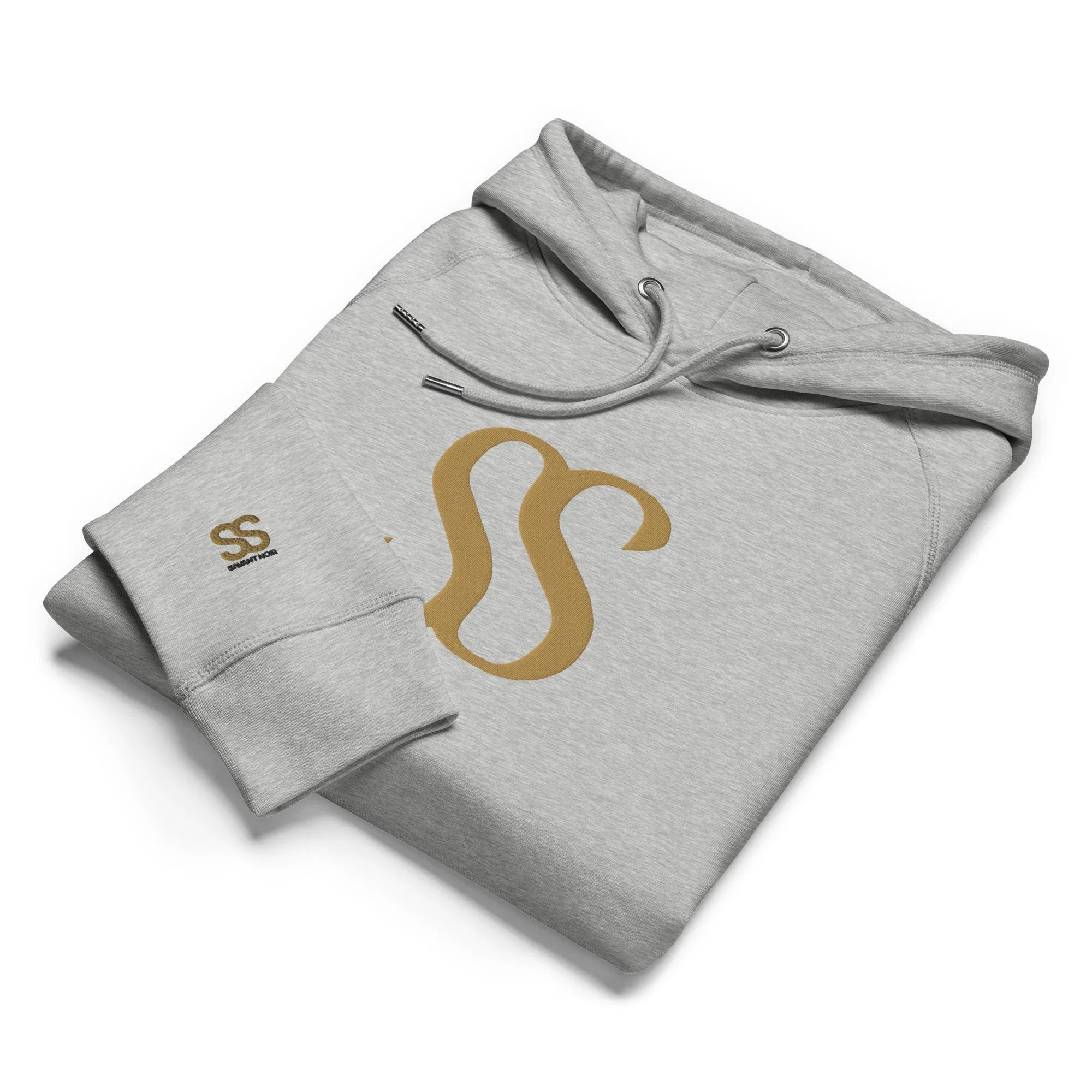 Folded gray hoodie with gold logo and drawstrings by SAVANT NOIR, not a luxury black hoodie