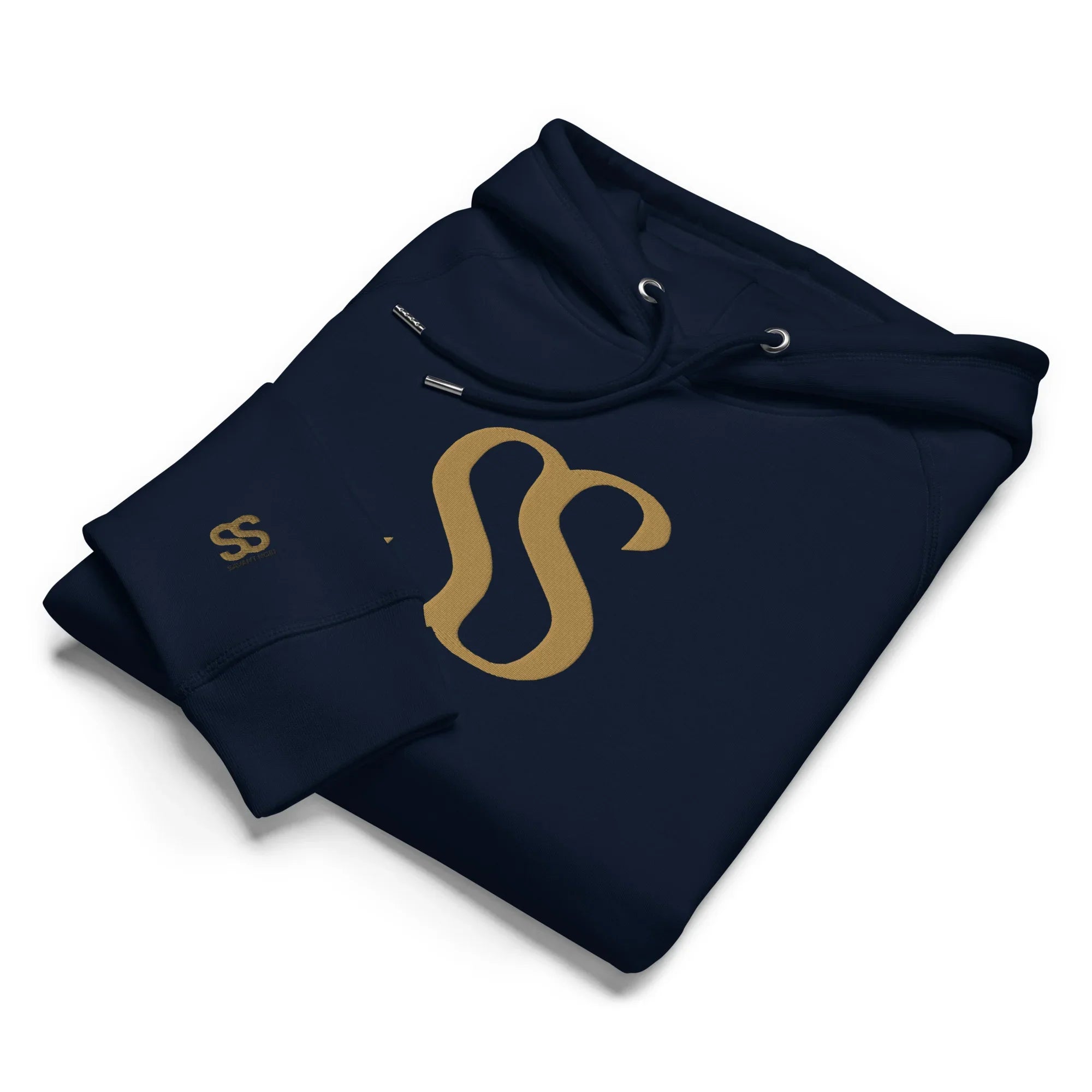 Folded luxury black hoodie by SAVANT NOIR with gold logo and adjustable drawstrings