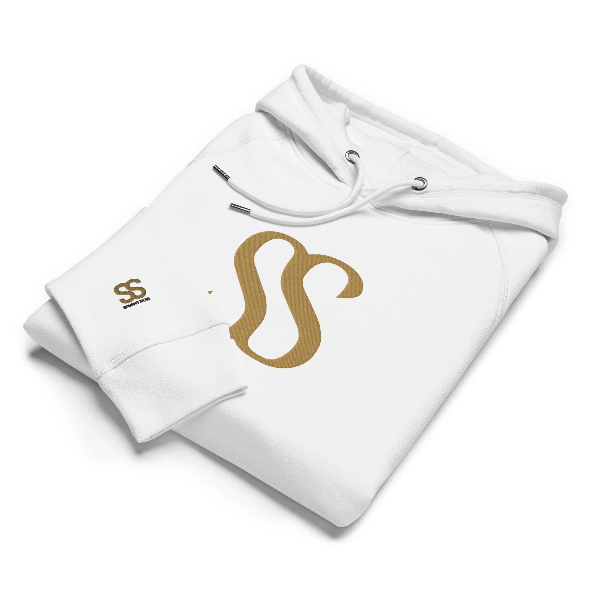 Folded white hoodie with gold logo by SAVANT NOIR not showing the luxury black hoodie