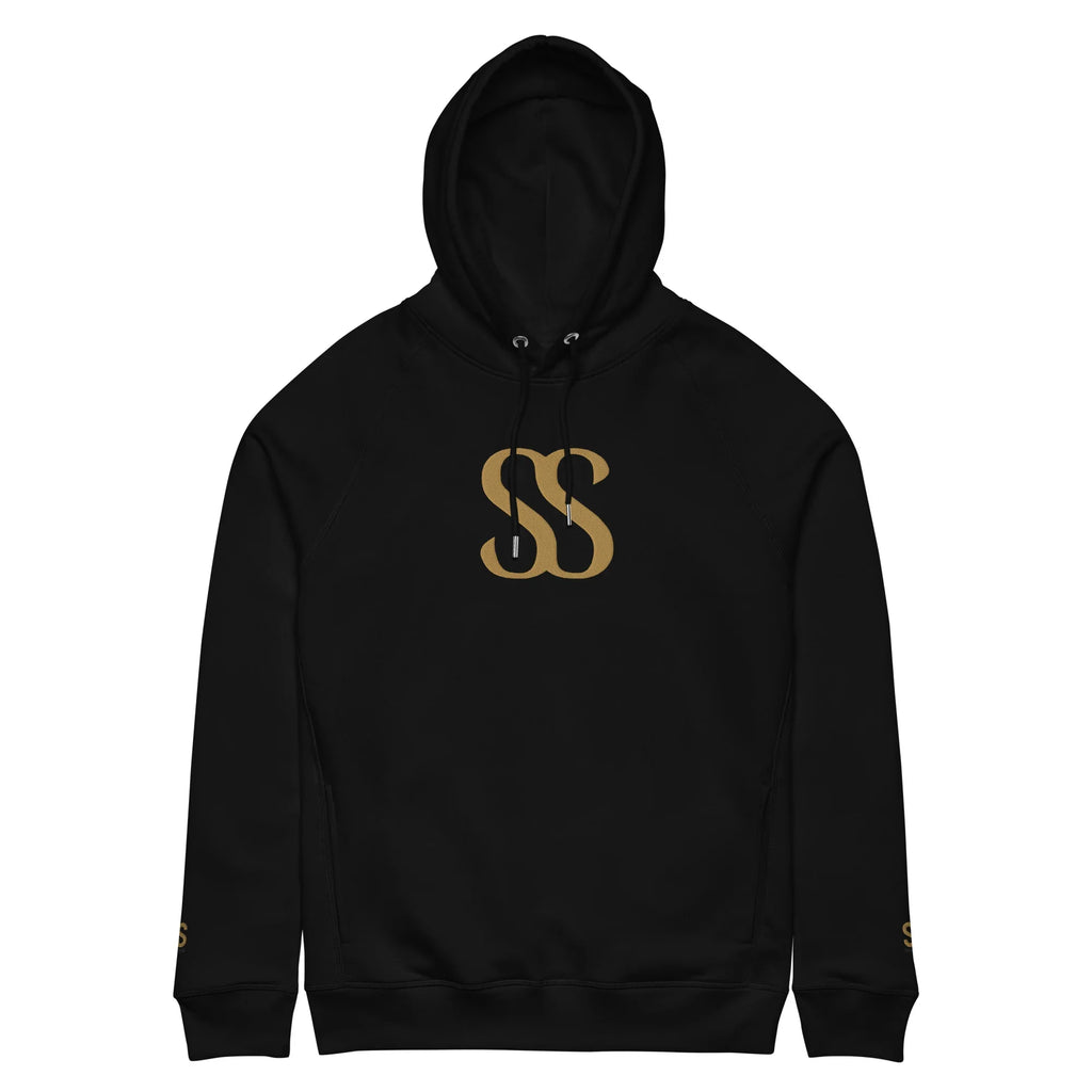 SAVANT NOIR luxury black hoodie with gold SS logo and adjustable drawstring hood
