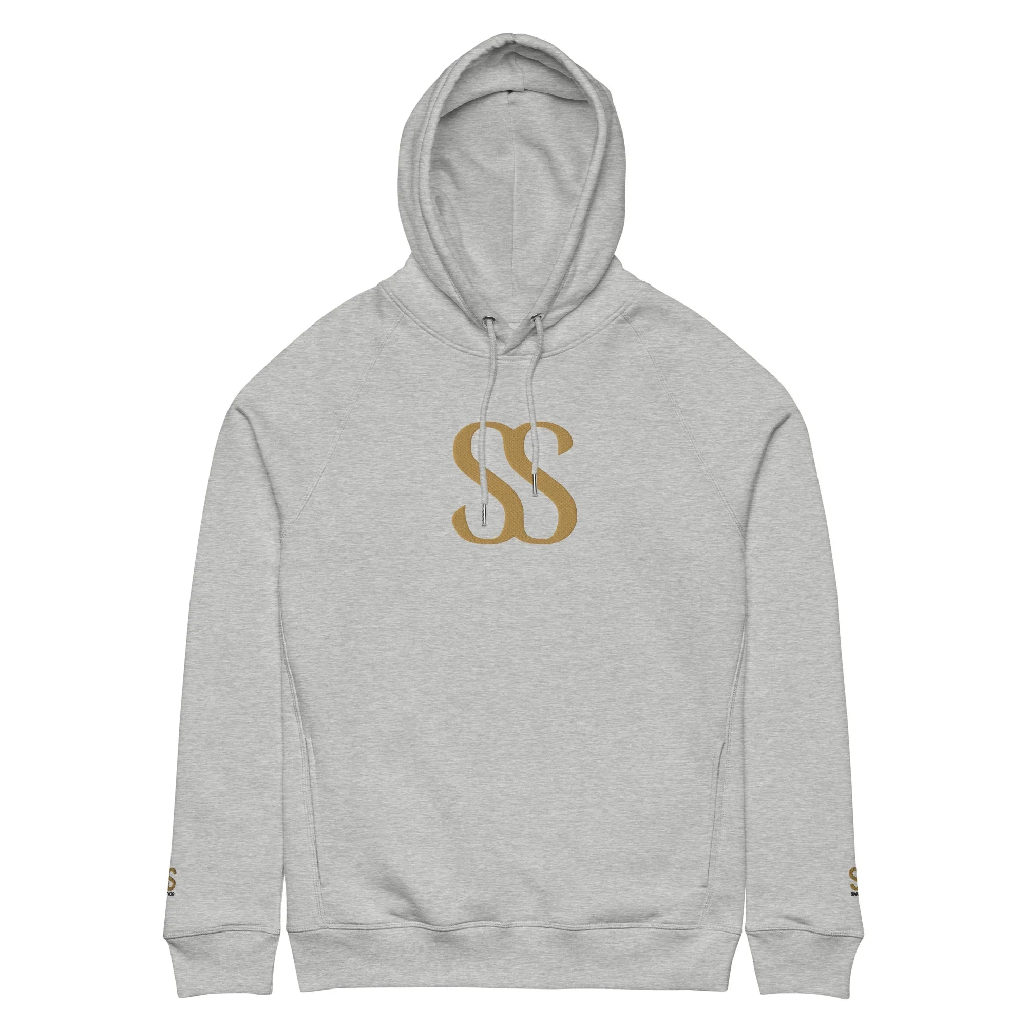 Savant Noir luxury black hoodie in gray with gold SS logo front and drawstring hood