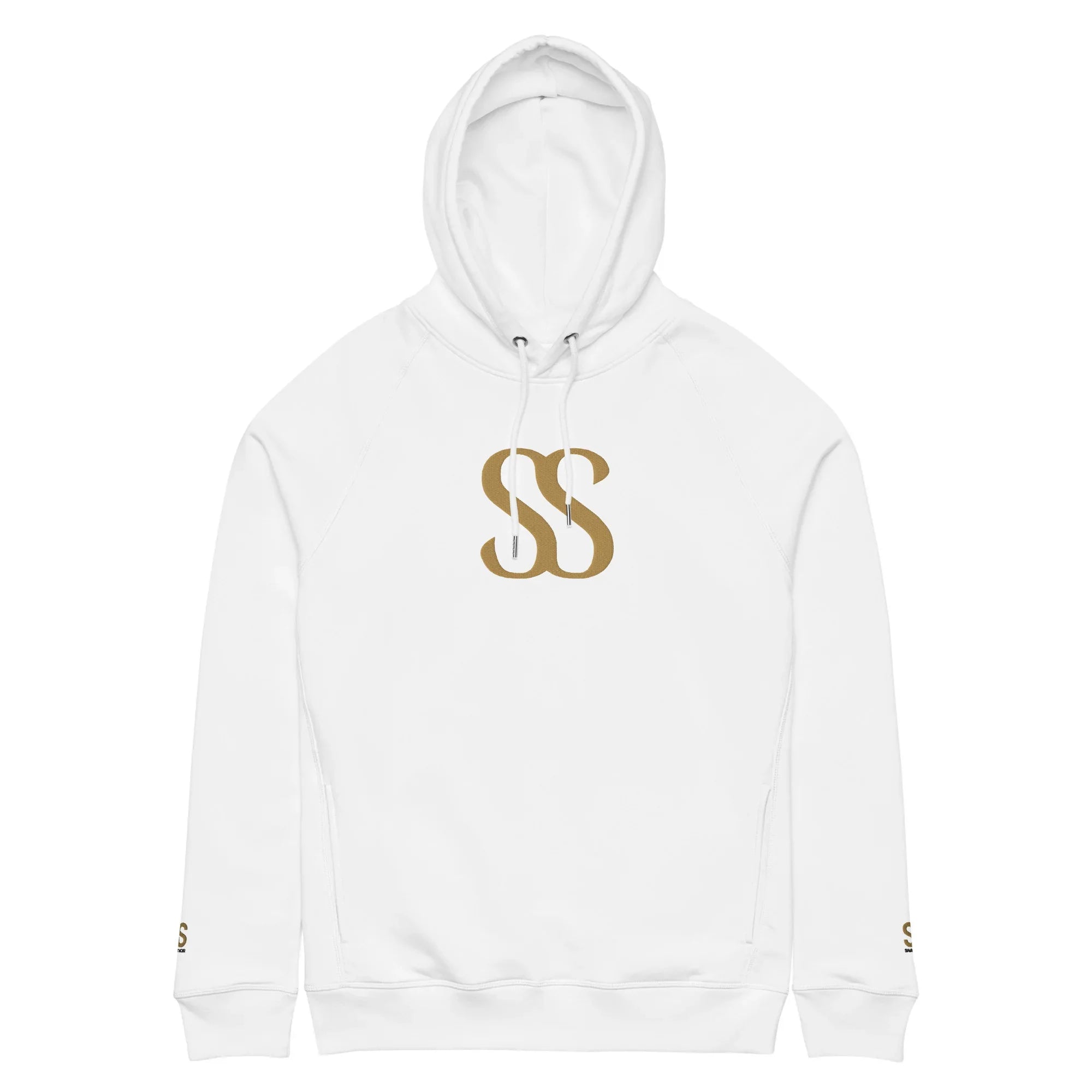 SAVANT NOIR white hoodie with gold SS logo on chest and sleeves, luxury black hoodie inspired design