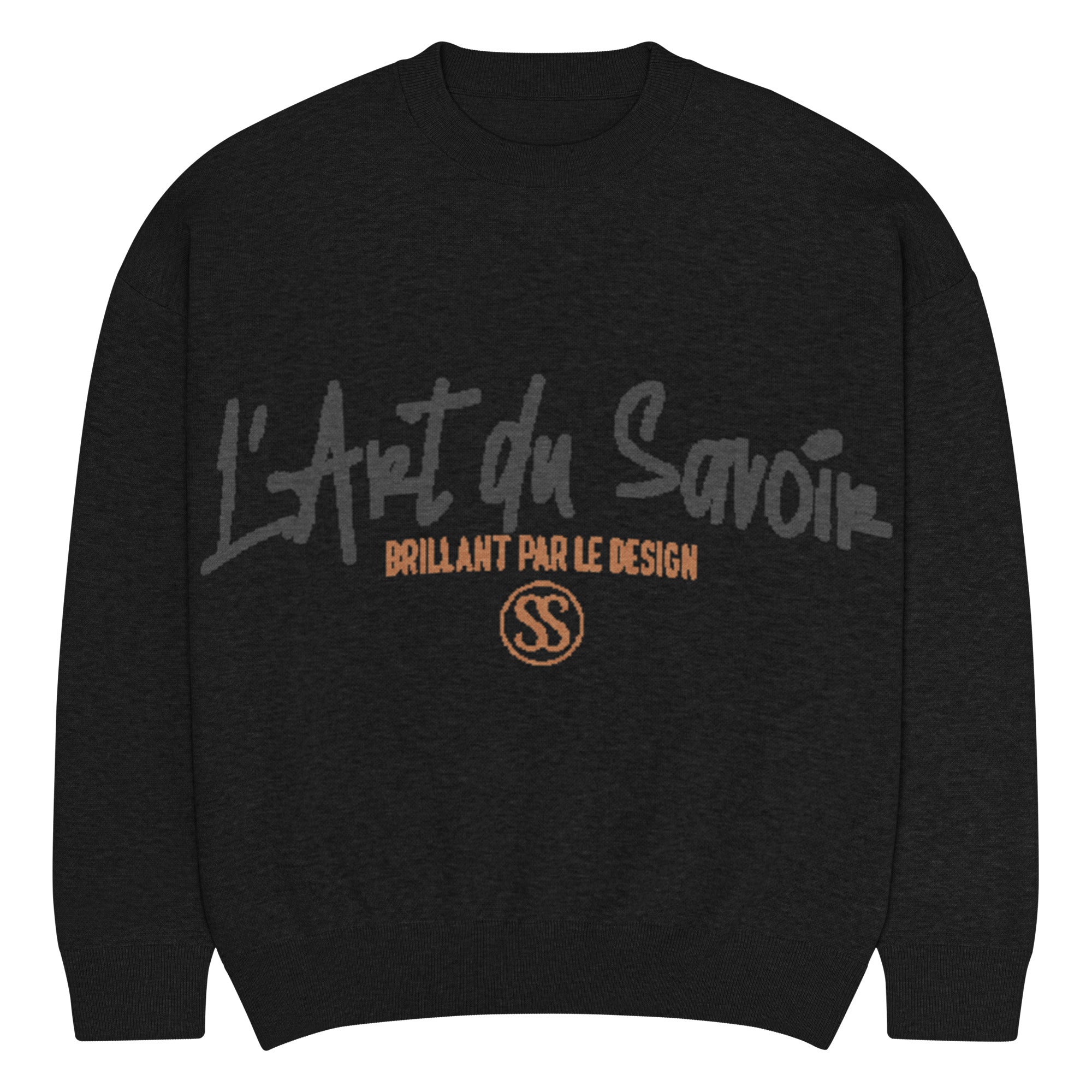 SAVANT NOIR black luxury knit sweater with L'Art du Savoir graphic and text design